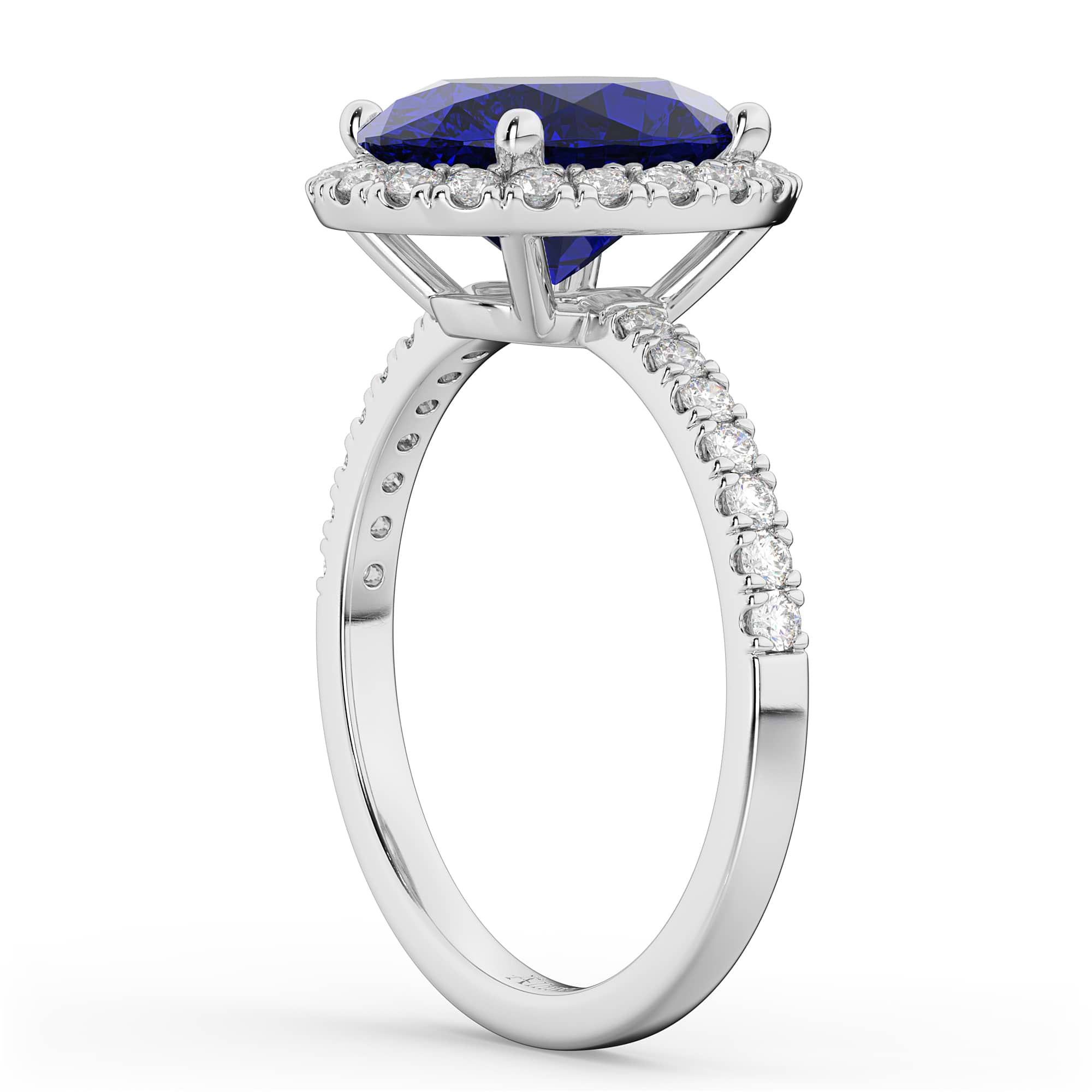 Oval Cut Halo Blue Sapphire & Diamond Engagement Ring 14K White Gold 3.66ct