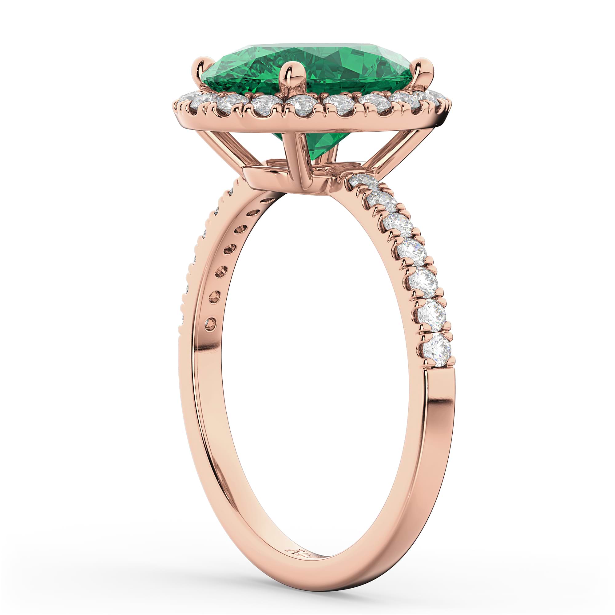 Oval Cut Halo Emerald & Diamond Engagement Ring 14K Rose Gold 3.11ct