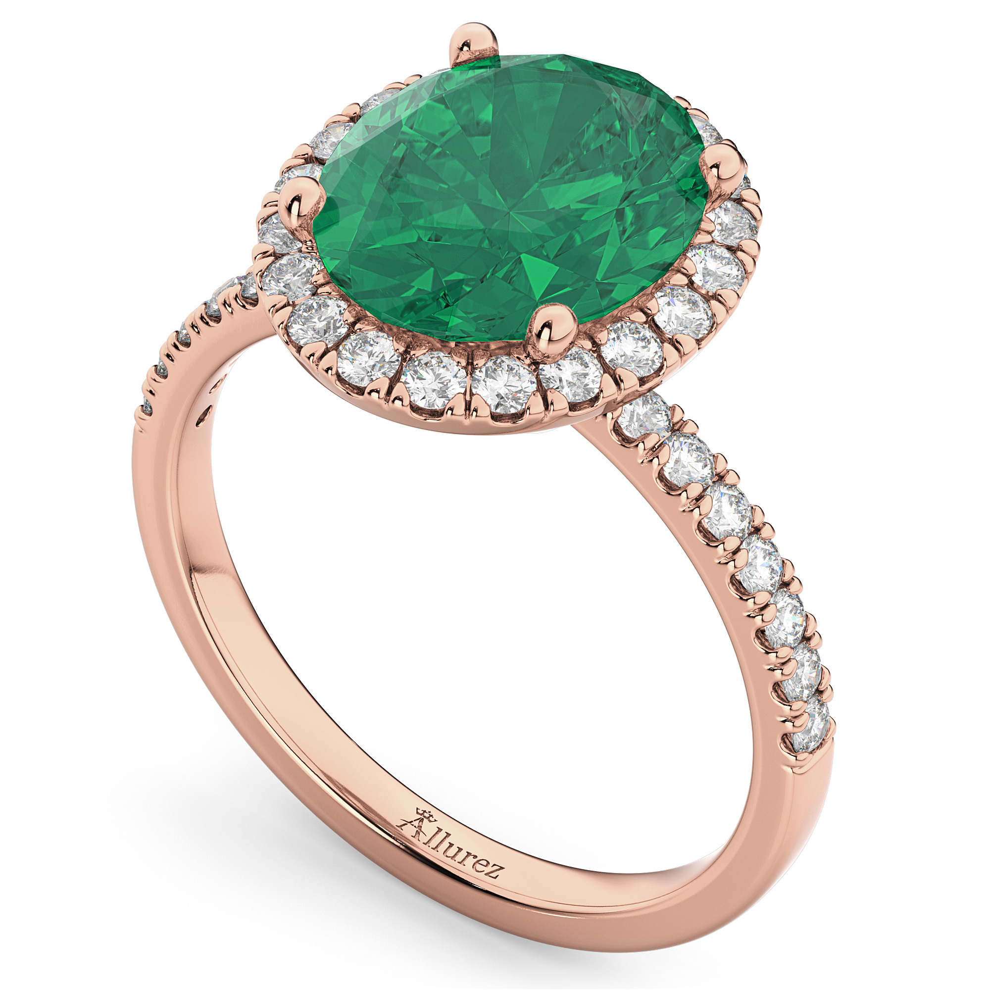 Oval Cut Halo Emerald & Diamond Engagement Ring 14K Rose Gold 3.11ct