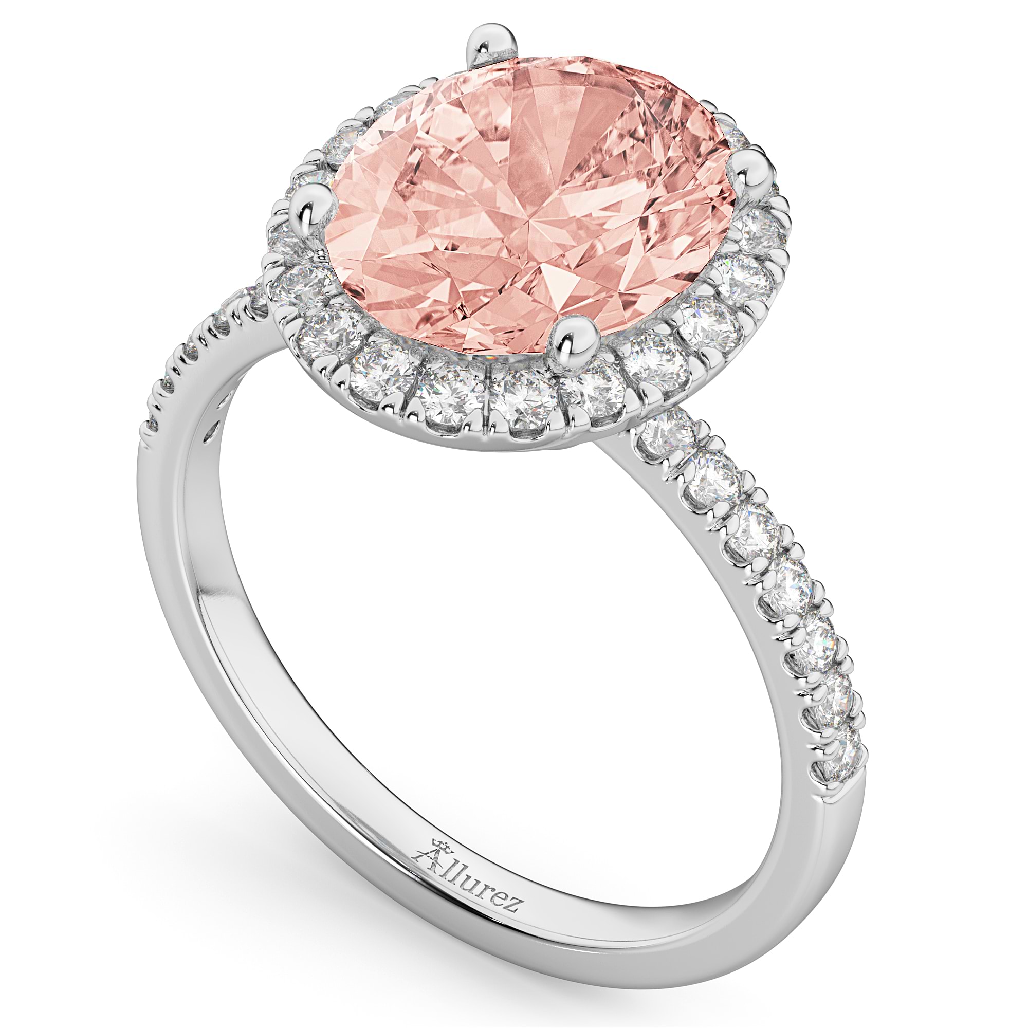 Oval Cut Halo Morganite & Diamond Engagement Ring 14K White Gold 2.81ct