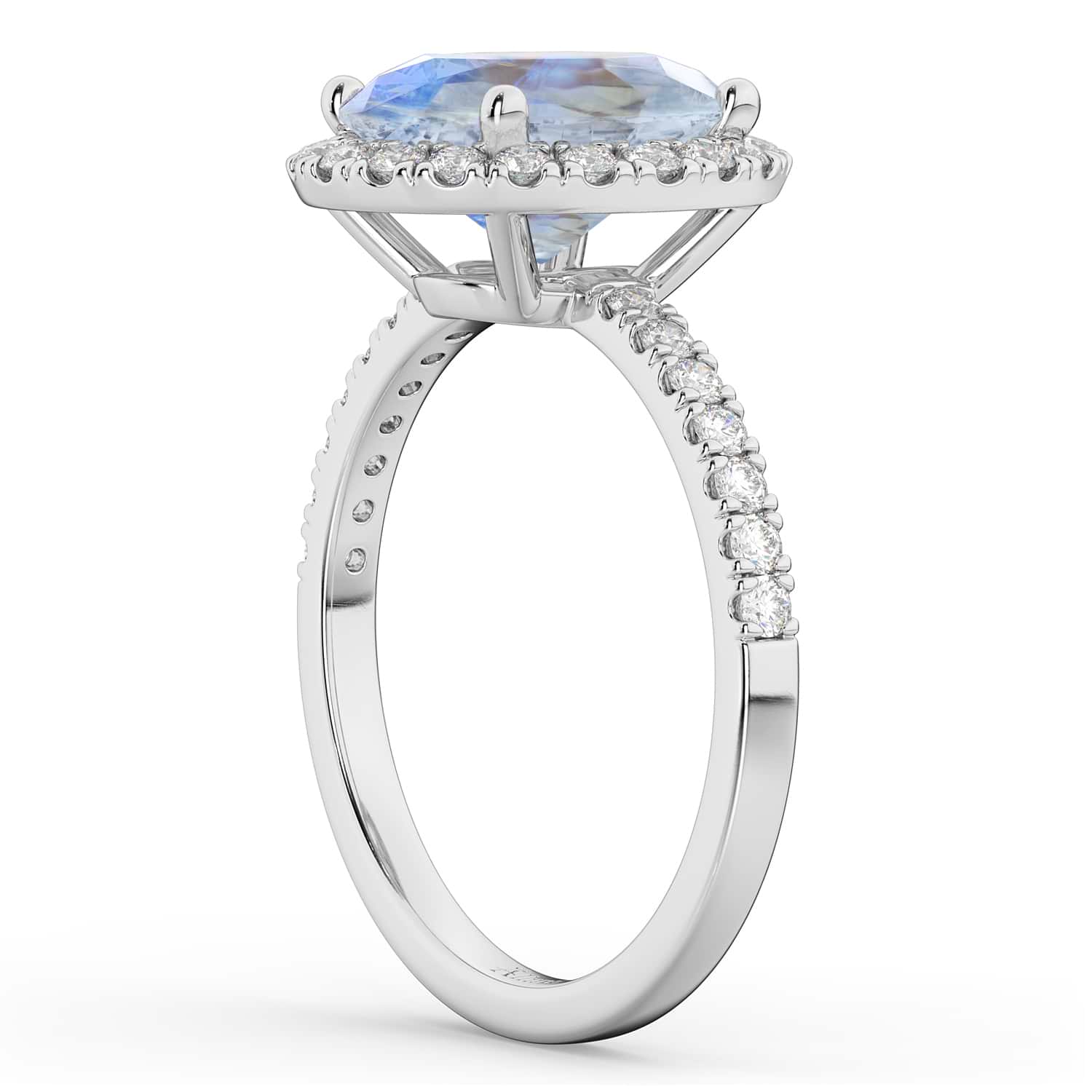 Oval Cut Halo Moonstone & Diamond Engagement Ring 14K White Gold 3.31ct