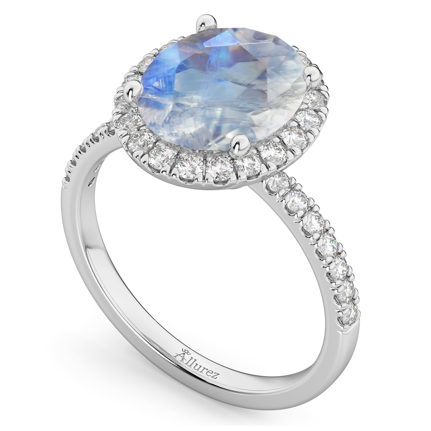 Oval Cut Halo Moonstone & Diamond Engagement Ring 14K White Gold 3.31ct