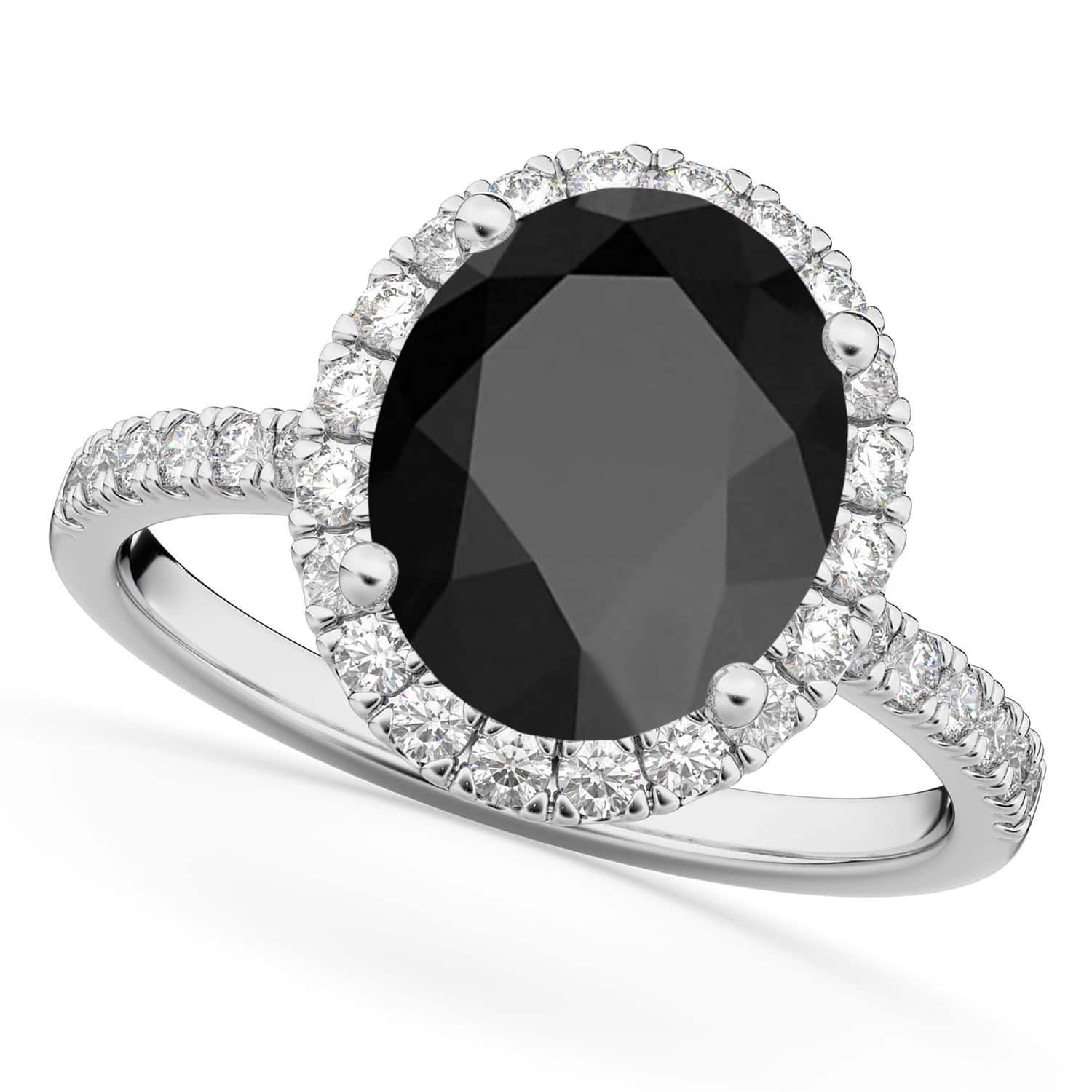 Oval Cut Halo Black Onyx & Diamond Engagement Ring 14K White Gold 2.91ct