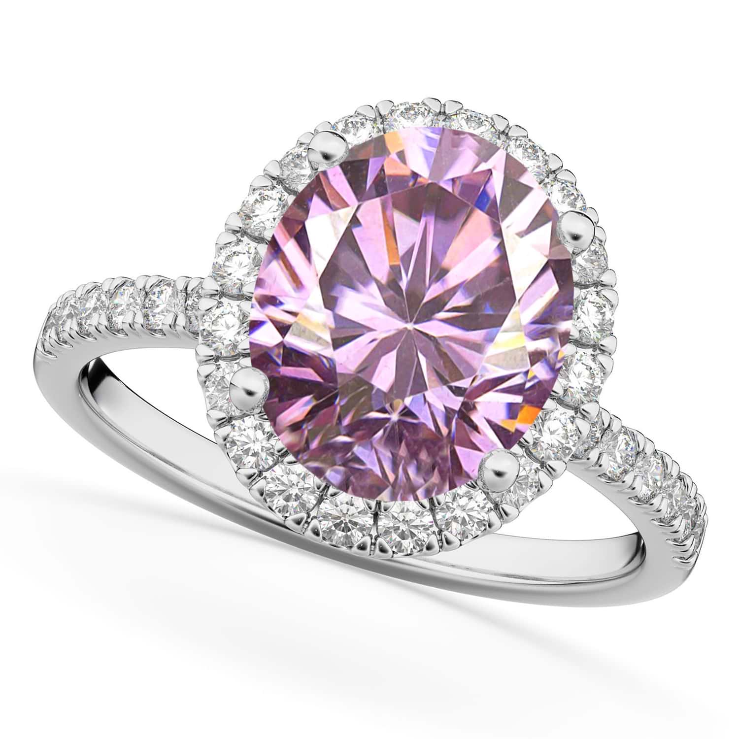 Oval Cut Halo Pink Moissanite & Diamond Engagement Ring 14K White Gold 2.72ct