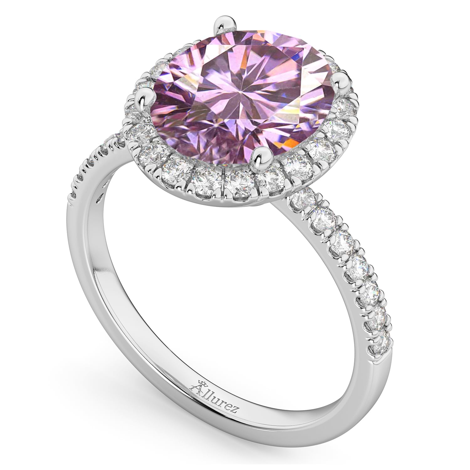 Oval Cut Halo Pink Moissanite & Diamond Engagement Ring 14K White Gold 2.72ct
