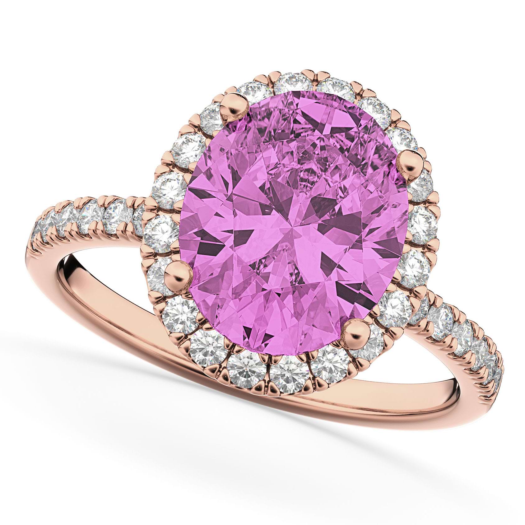 Oval Cut Halo Pink Sapphire & Diamond Engagement Ring 14K Rose Gold 3.66ct