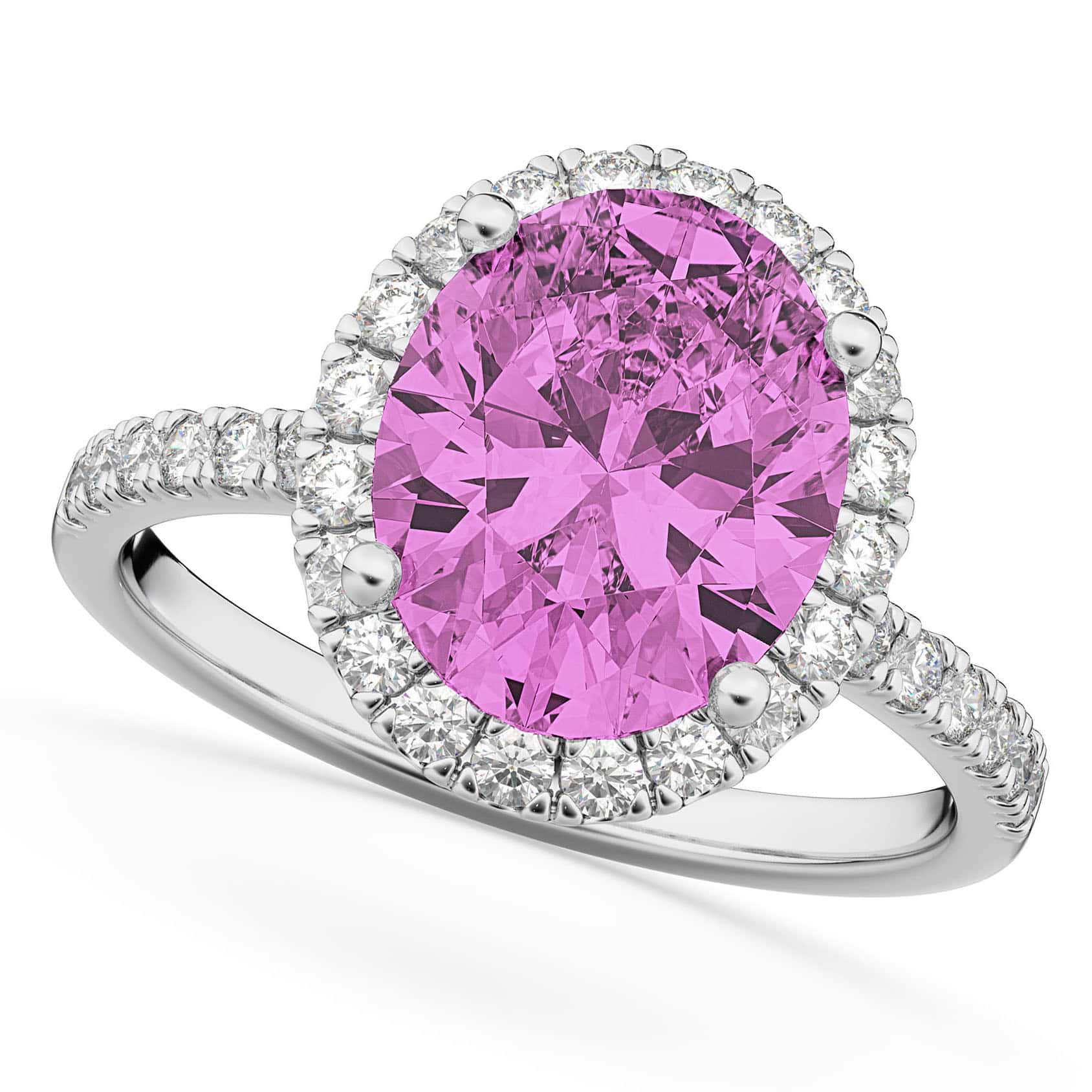 Oval Cut Halo Pink Sapphire & Diamond Engagement Ring 14K White Gold 3.66ct