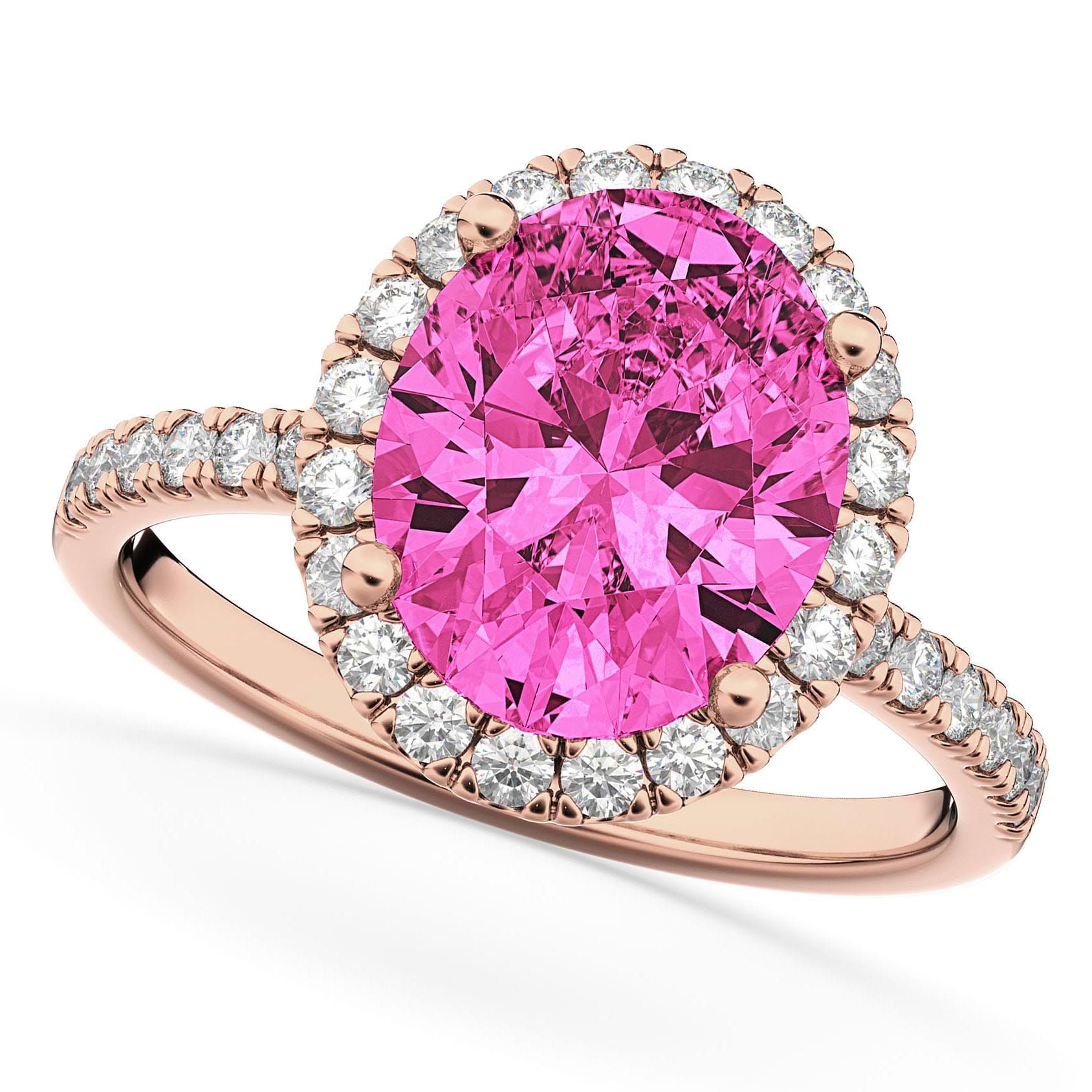 Oval Cut Halo Pink Tourmaline & Diamond Engagement Ring 14K Rose Gold 3.41ct