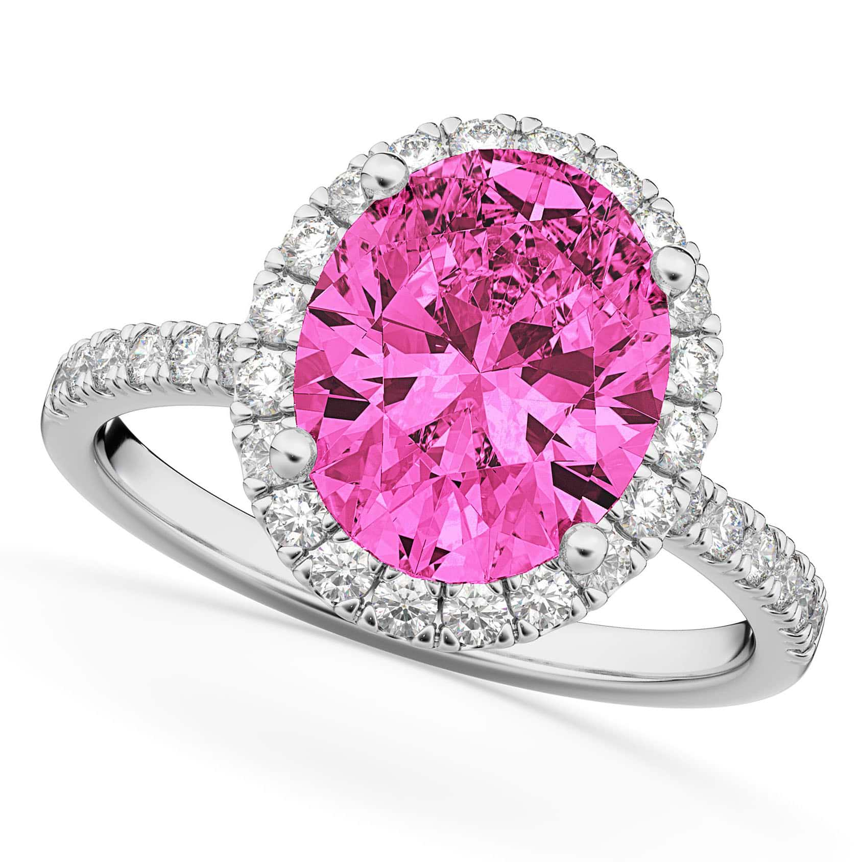 Oval Cut Halo Pink Tourmaline & Diamond Engagement Ring 14K White Gold 3.41ct
