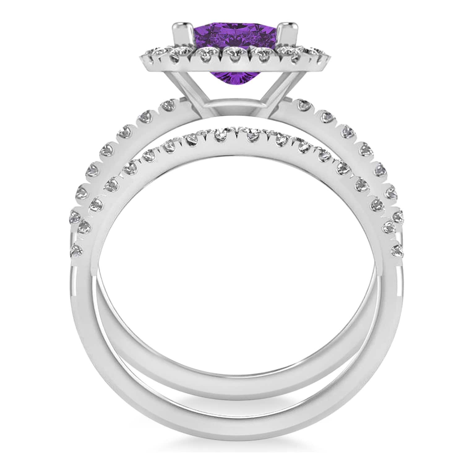 Amethyst & Diamonds Cushion-Cut Halo Bridal Set 14K White Gold (3.38ct)