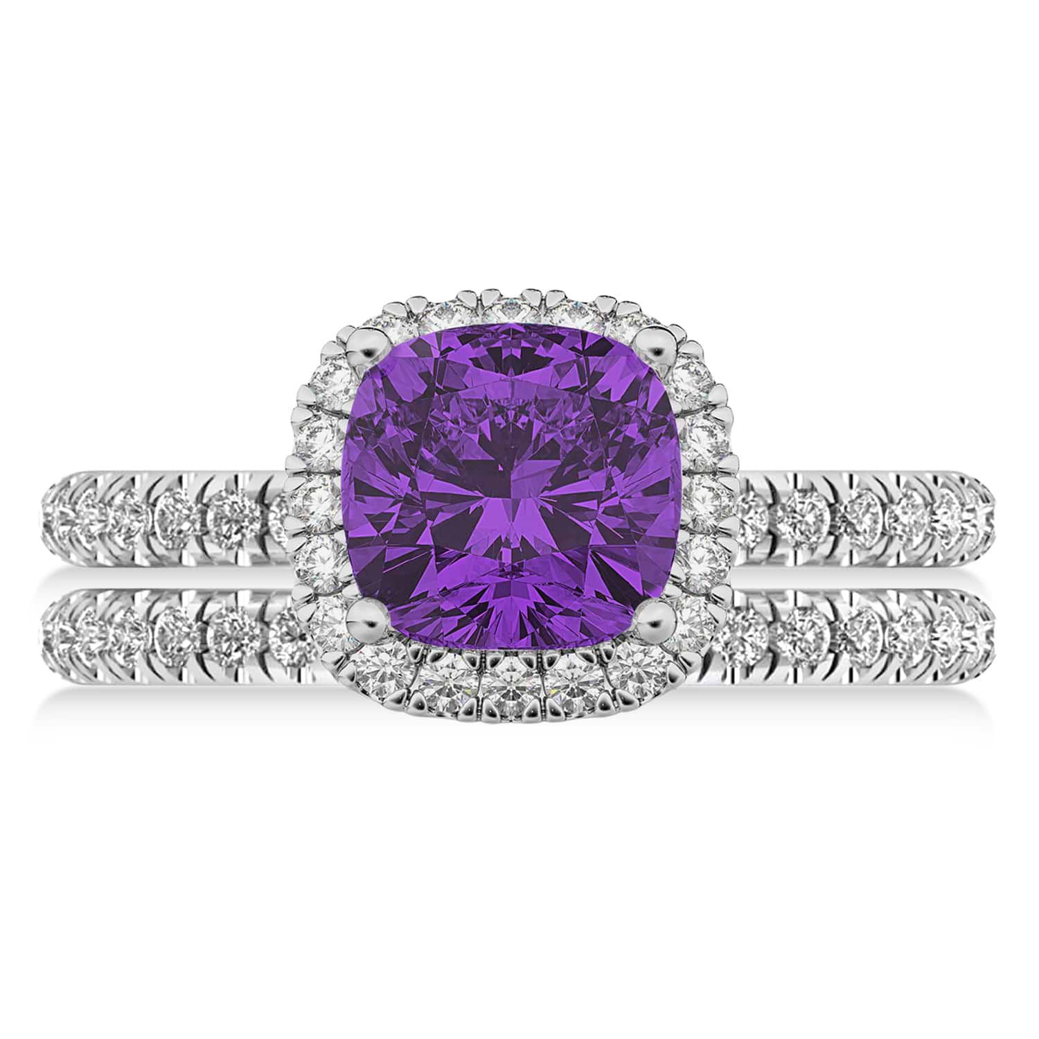 Amethyst & Diamonds Cushion-Cut Halo Bridal Set 14K White Gold (3.38ct)