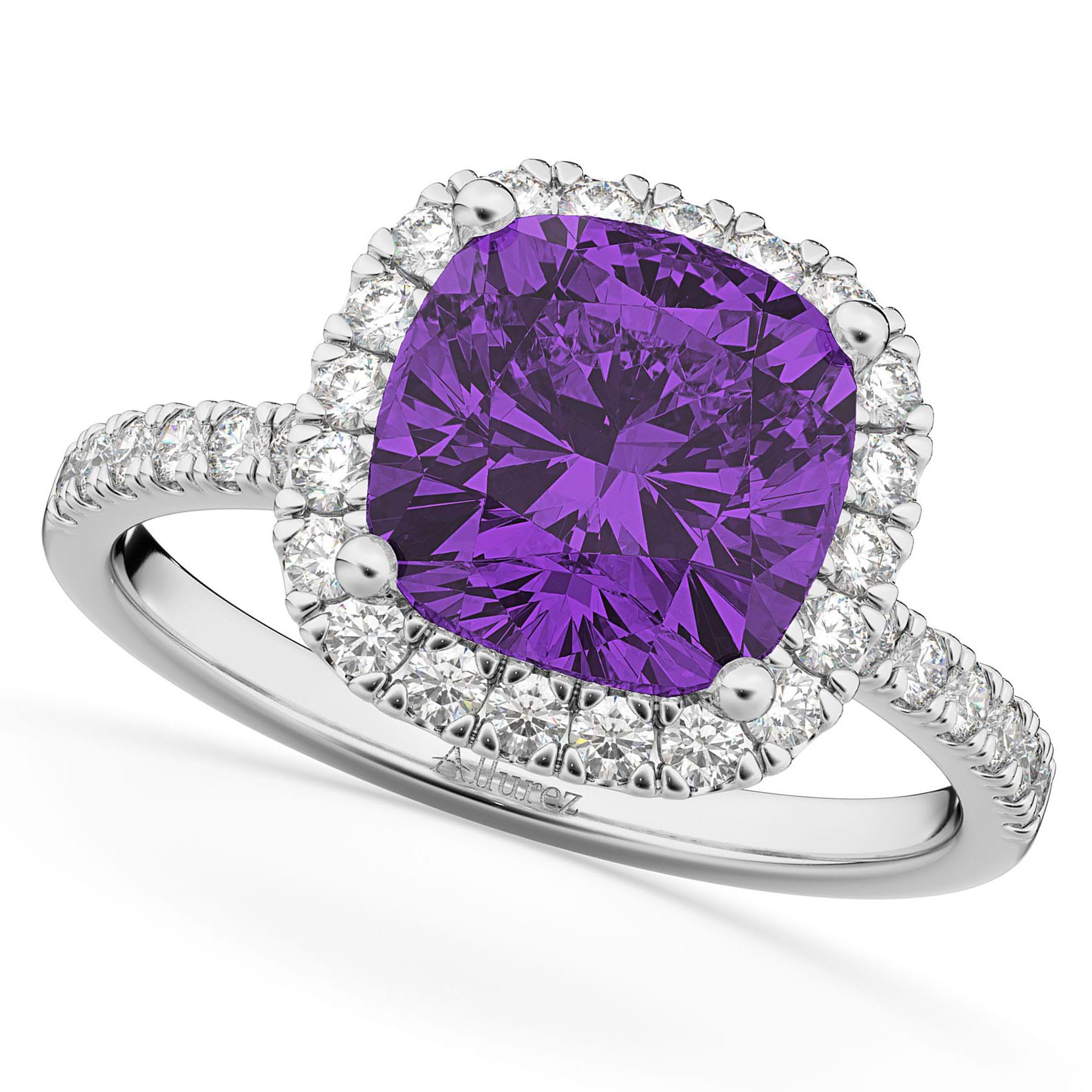 Amethyst & Diamonds Cushion-Cut Halo Bridal Set 14K White Gold (3.38ct)