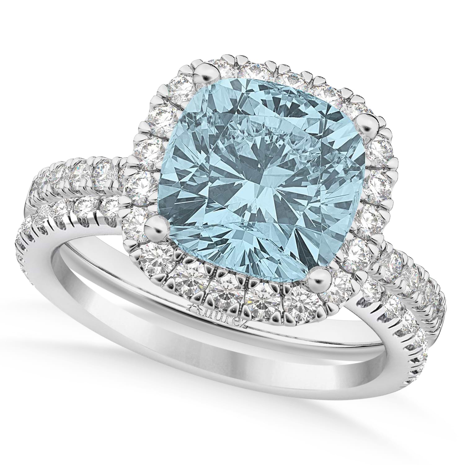Aquamarine & Diamonds Cushion-Cut Halo Bridal Set 14K White Gold (3.38ct)