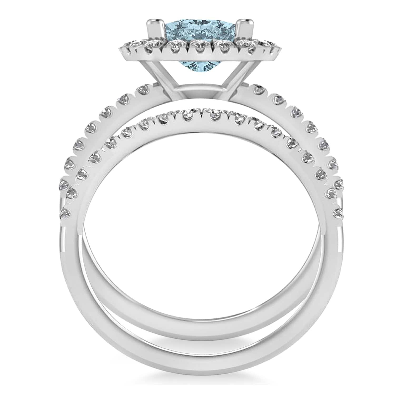 Aquamarine & Diamonds Cushion-Cut Halo Bridal Set 14K White Gold (3.38ct)