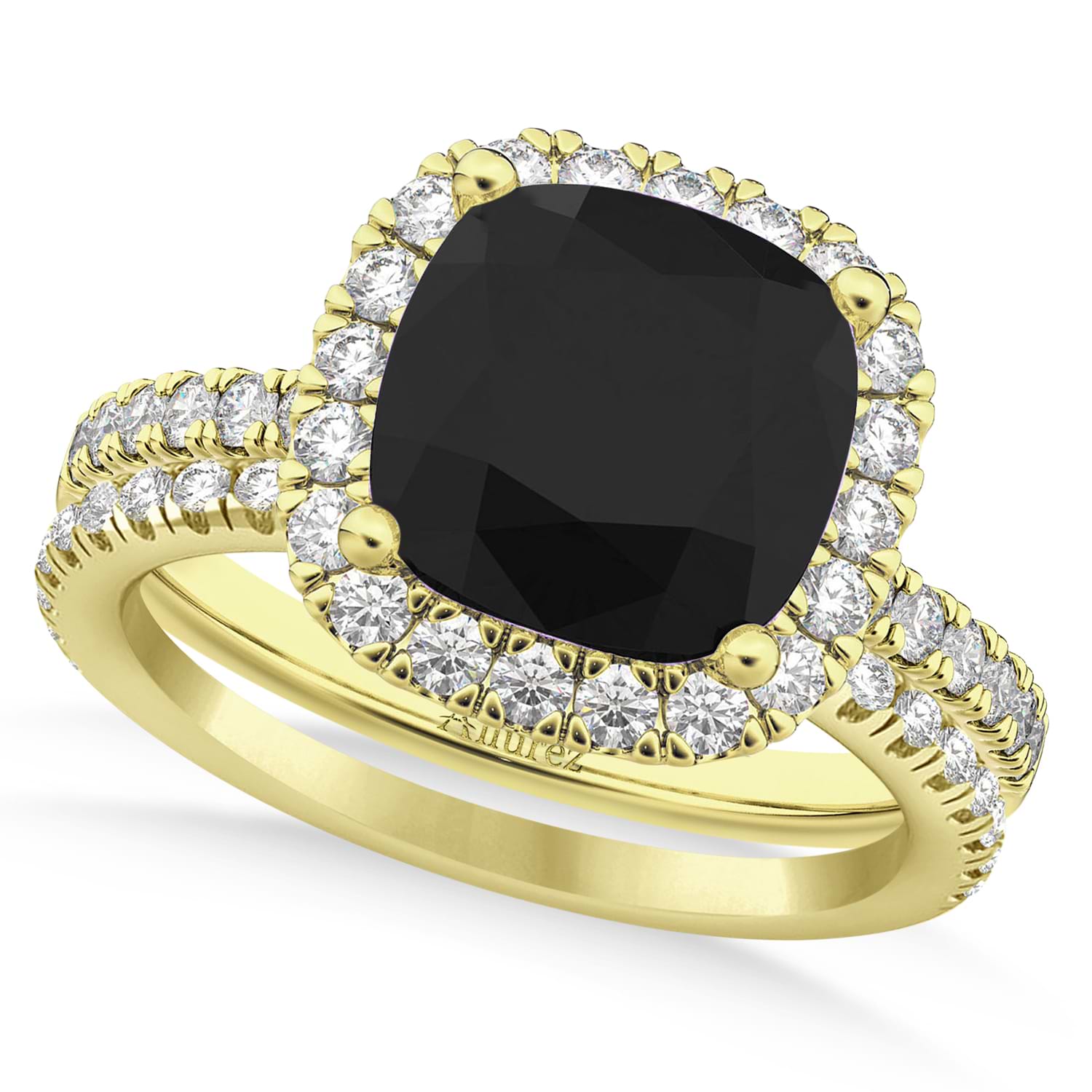 Black & White Diamonds Cushion-Cut Halo Bridal Set 14K Yellow Gold (2.82ct)