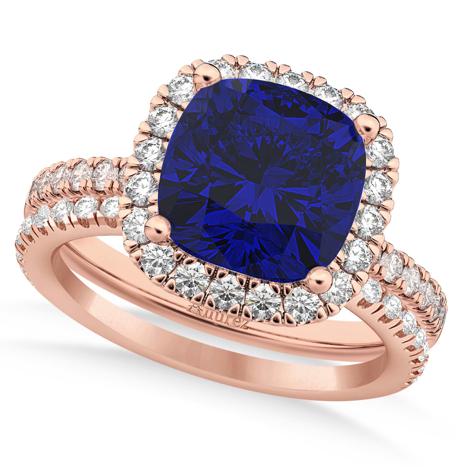 Blue Sapphire & Diamonds Cushion-Cut Halo Bridal Set 14K Rose Gold (3.38ct)