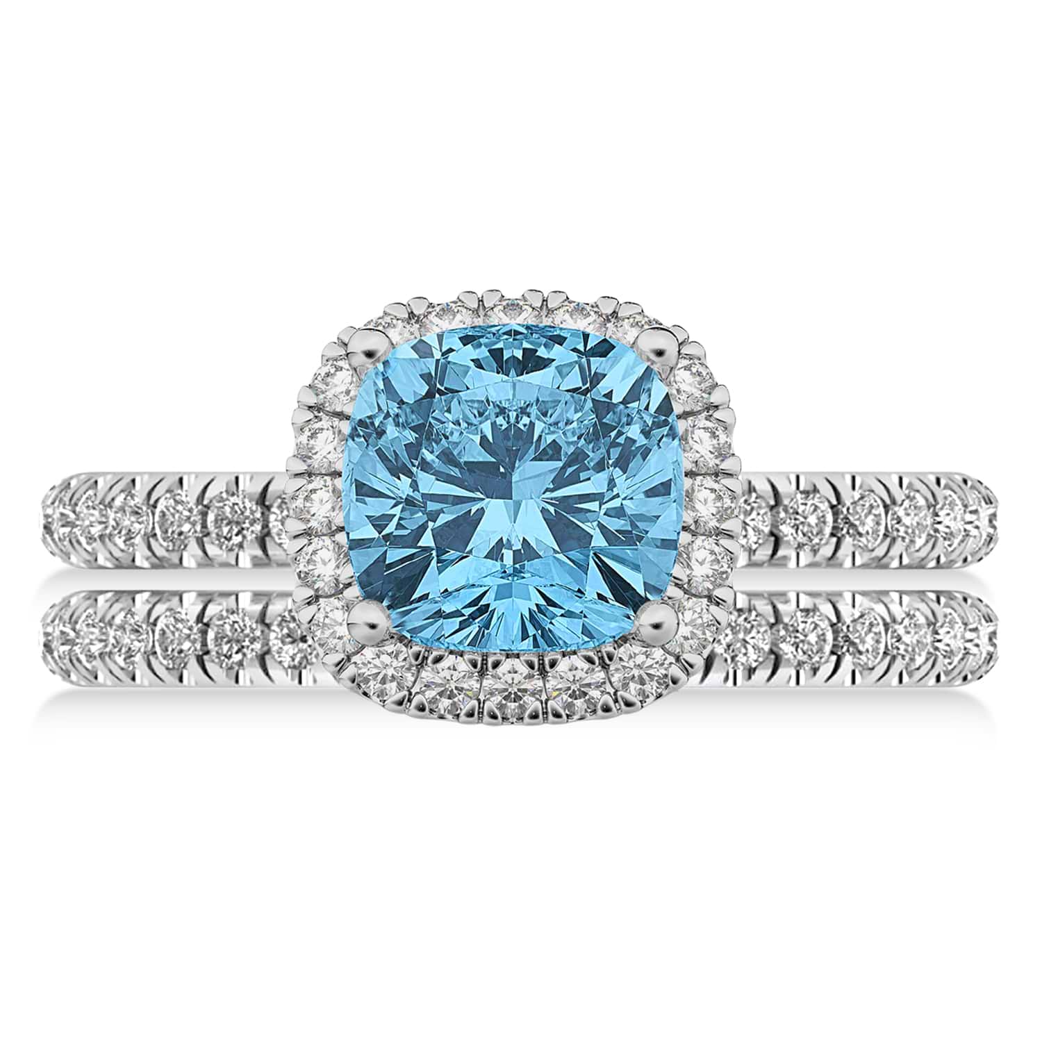 Blue Topaz & Diamonds Cushion-Cut Halo Bridal Set 14K White Gold (3.38ct)