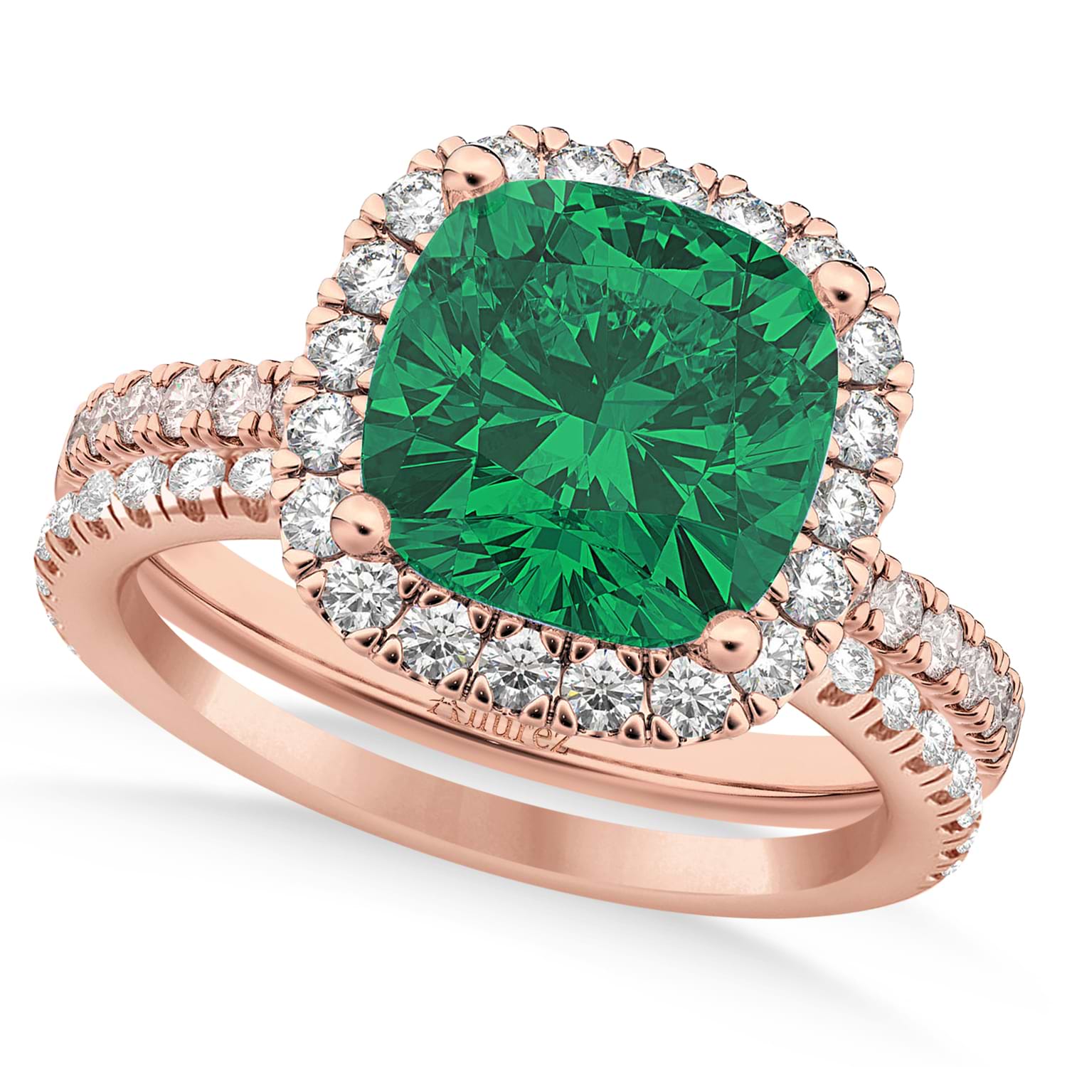 Emerald & Diamonds Cushion-Cut Halo Bridal Set 14K Rose Gold (3.38ct)