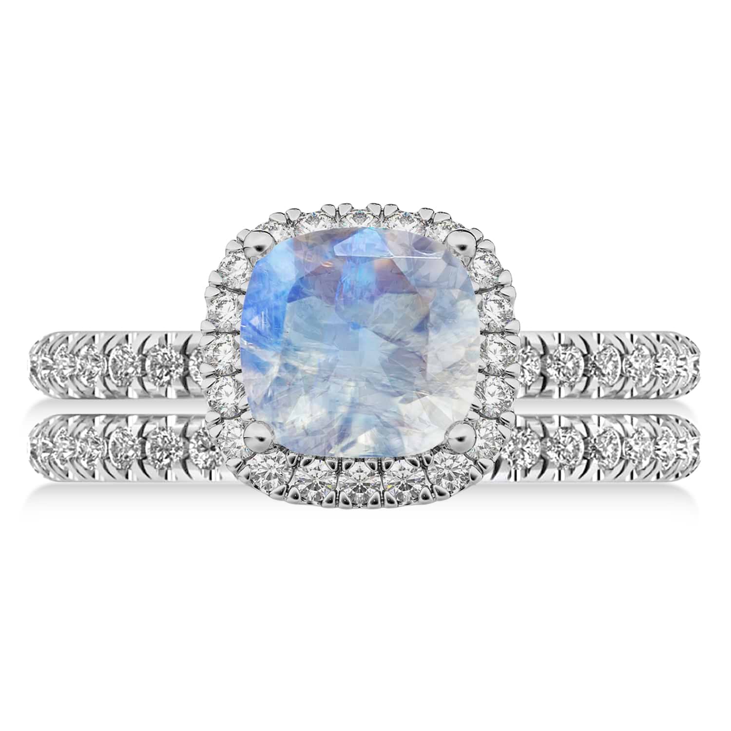 Moonstone & Diamonds Cushion-Cut Halo Bridal Set 14K White Gold (3.38ct)