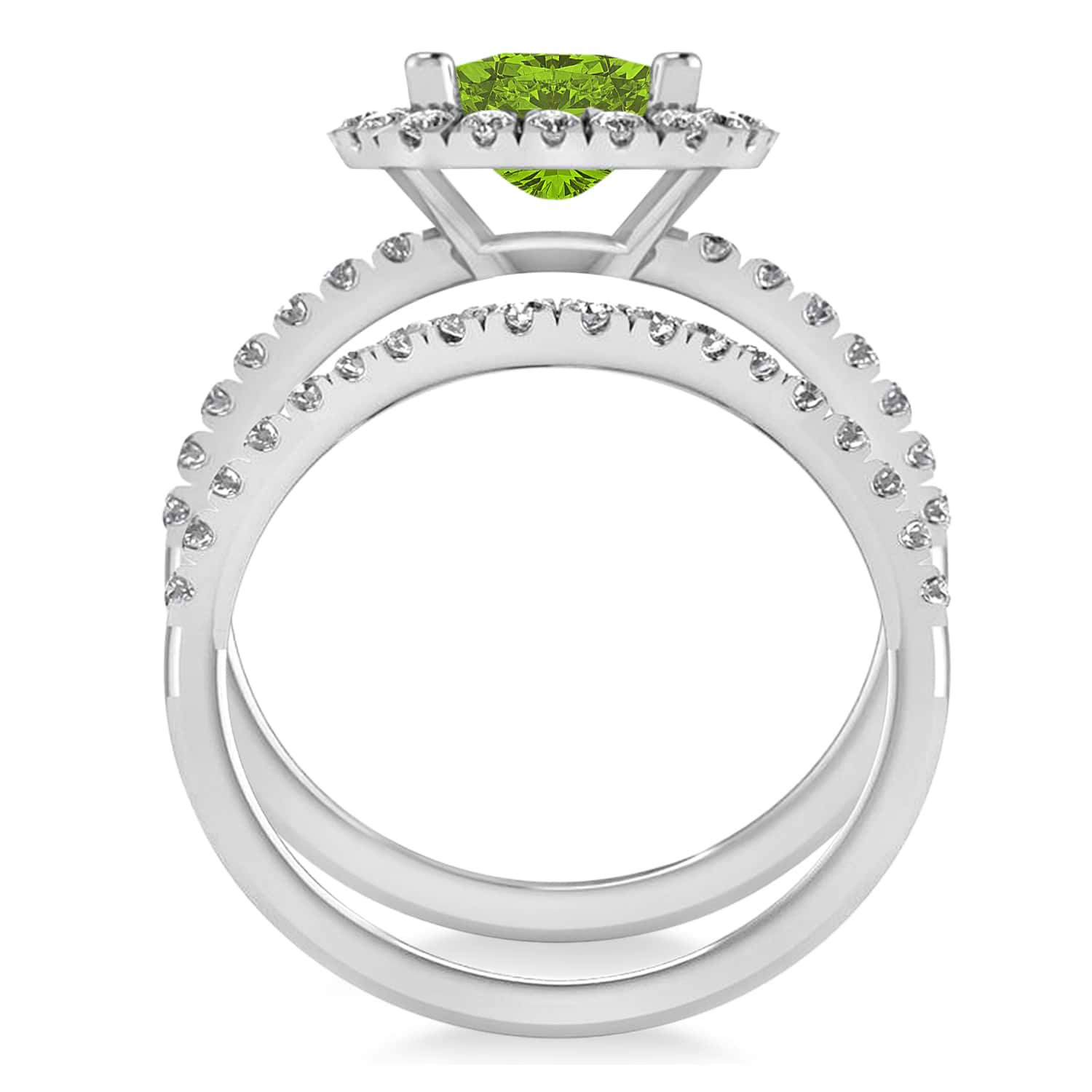 Peridot & Diamonds Cushion-Cut Halo Bridal Set 14K White Gold (3.38ct)