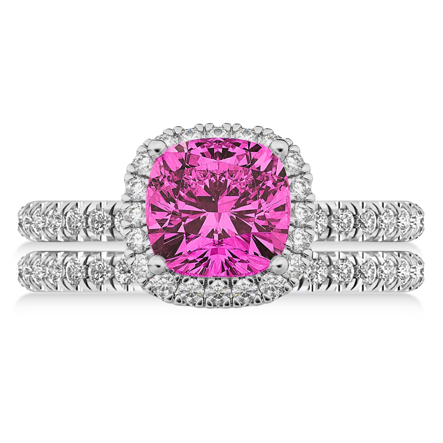 Pink Tourmaline & Diamonds Cushion-Cut Halo Bridal Set 14K White Gold (3.38ct)