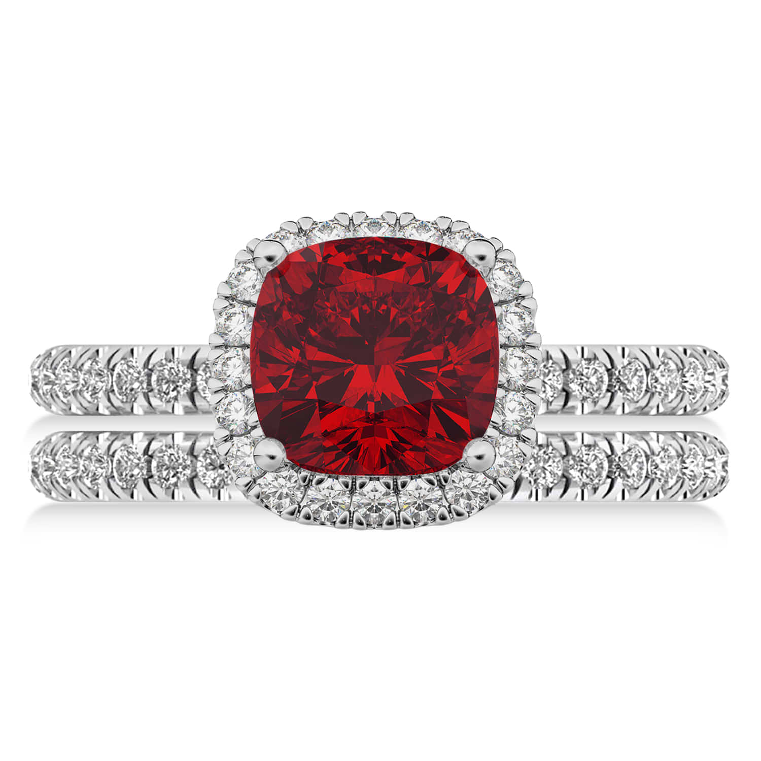 Ruby & Diamonds Cushion-Cut Halo Bridal Set 14K White Gold 3.38ct - AZ16332