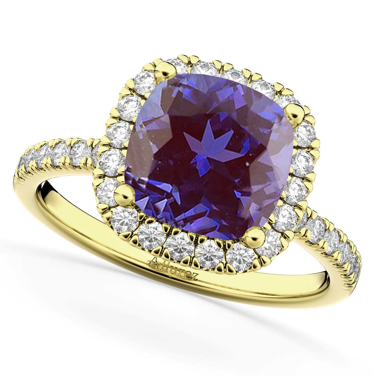 Cushion Cut Halo Lab Alexandrite & Diamond Engagement Ring 14k Yellow Gold (3.11ct)