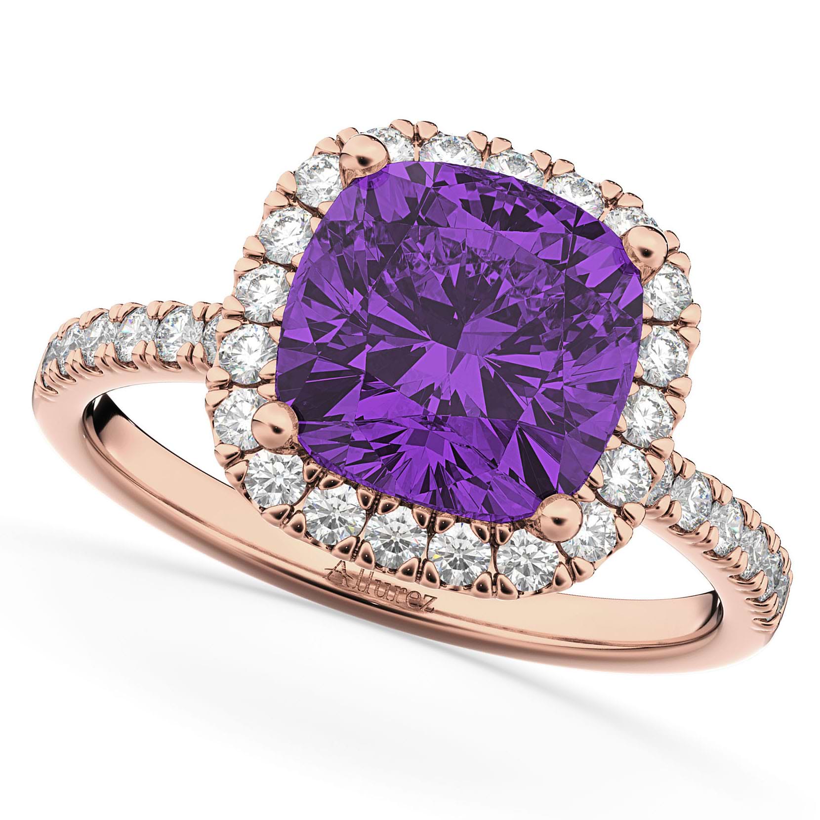 Cushion Cut Halo Amethyst & Diamond Engagement Ring 14k Rose Gold (3.11ct)