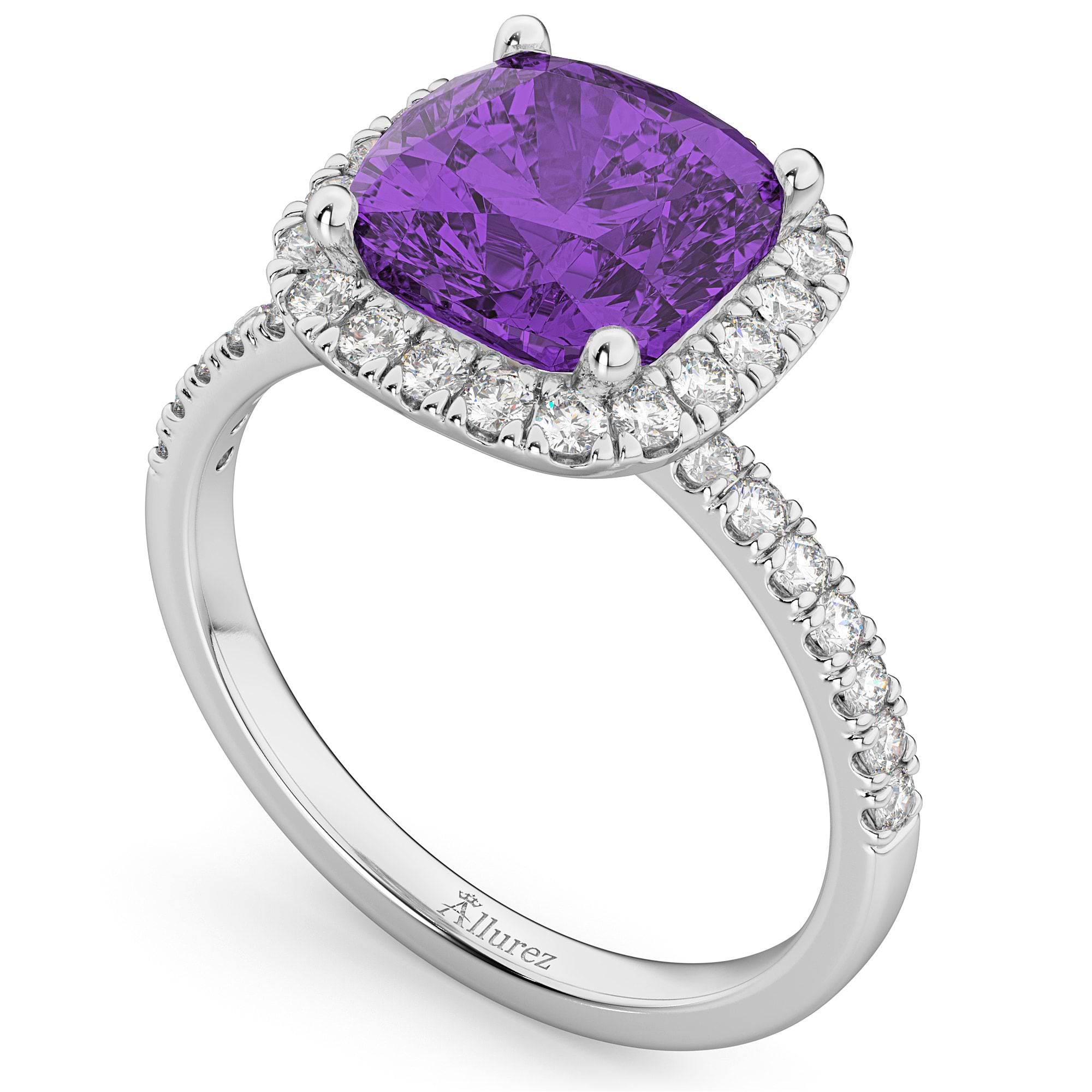 Cushion Cut Halo Amethyst & Diamond Engagement Ring 14k White Gold (3.11ct)