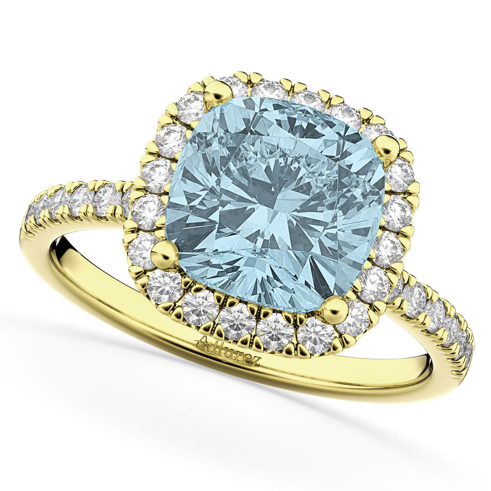 Cushion Cut Halo Aquamarine & Diamond Engagement Ring 14k Yellow Gold (3.11ct)