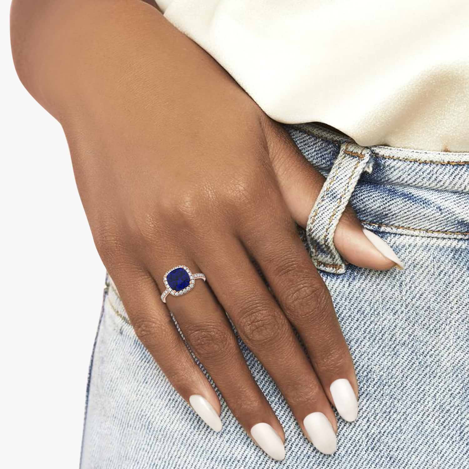 Cushion Cut Halo Blue Sapphire & Diamond Engagement Ring 14k Rose Gold (3.11ct)