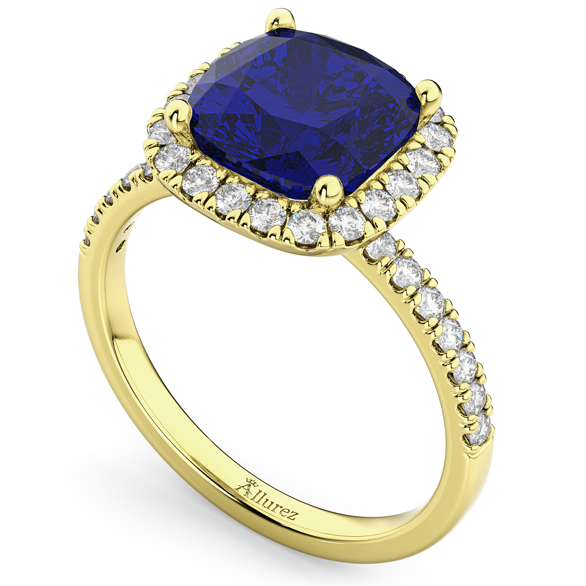 Cushion Cut Halo Blue Sapphire & Diamond Engagement Ring 14k Yellow Gold (3.11ct)