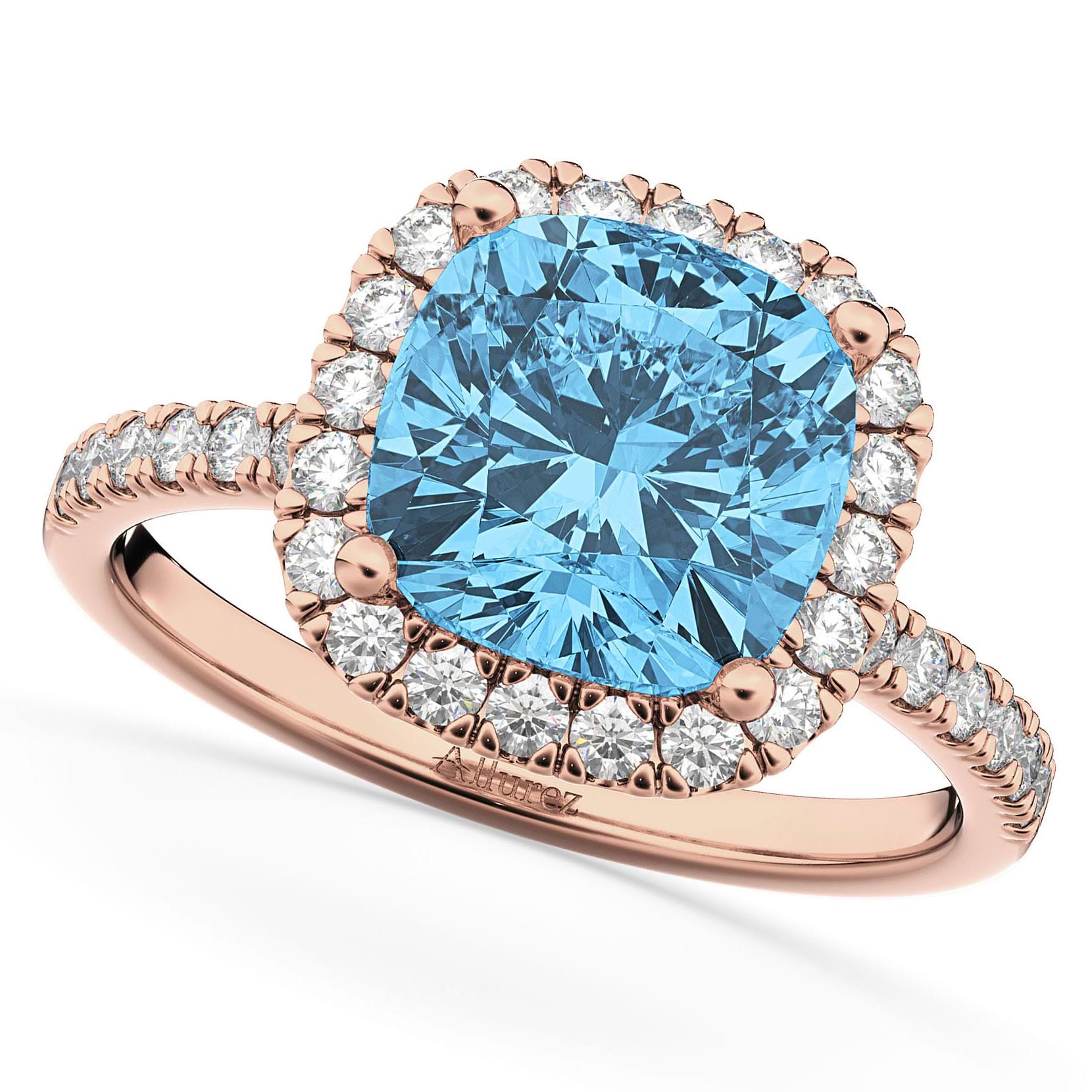 Cushion Cut Halo Blue Topaz & Diamond Engagement Ring 14k Rose Gold (3.11ct)