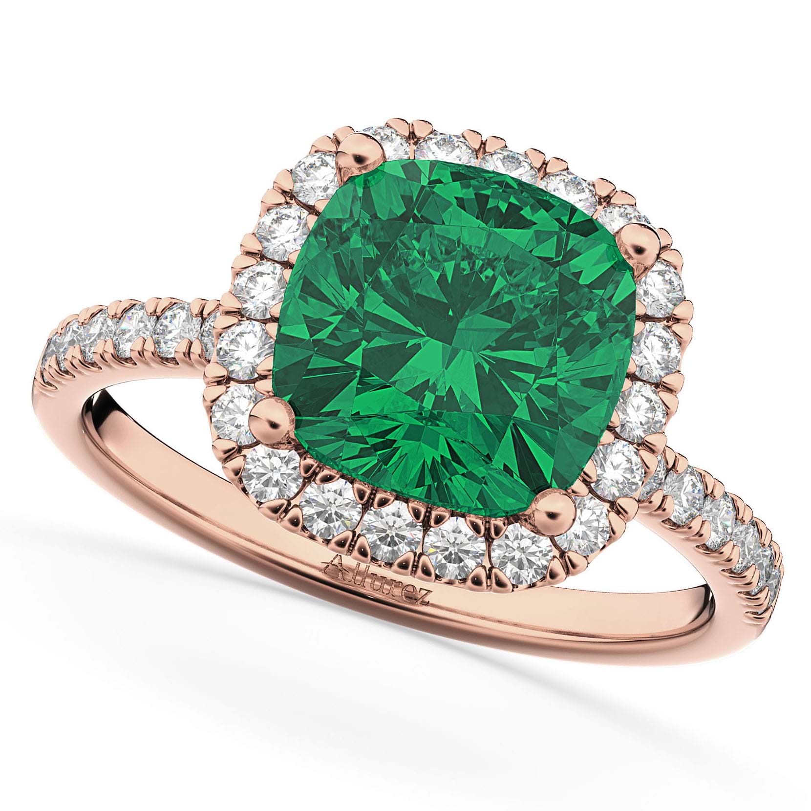 Cushion Cut Halo Emerald & Diamond Engagement Ring 14k Rose Gold (3.11ct)