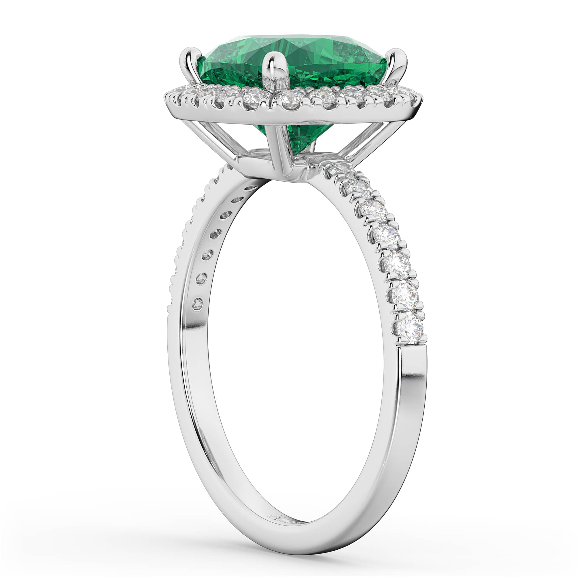 Cushion Cut Halo Emerald & Diamond Engagement Ring 14k White Gold (3.11ct)