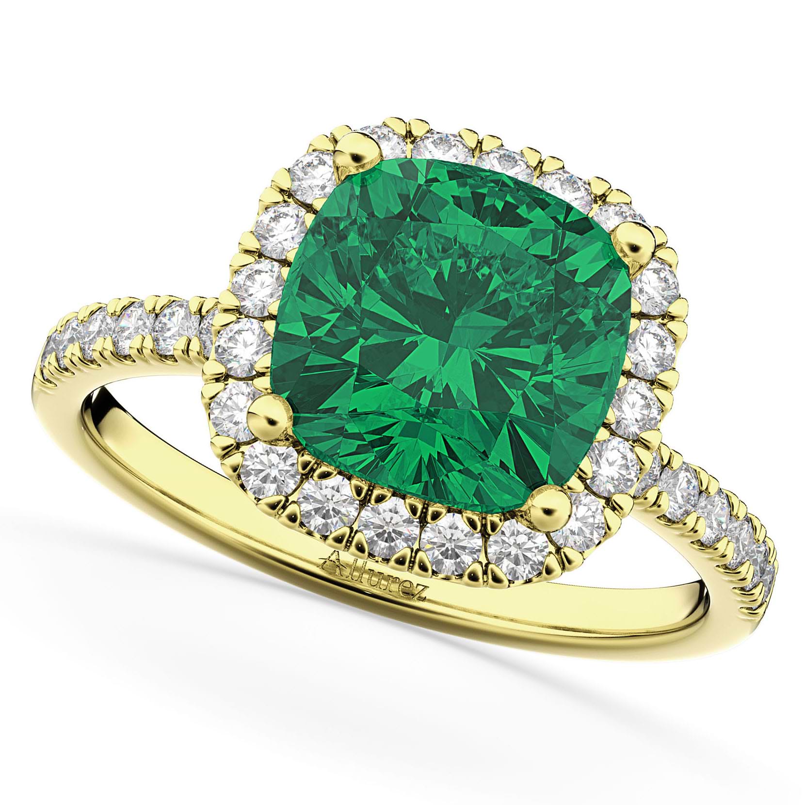 Cushion Cut Halo Emerald & Diamond Engagement Ring 14k Yellow Gold (3.11ct)
