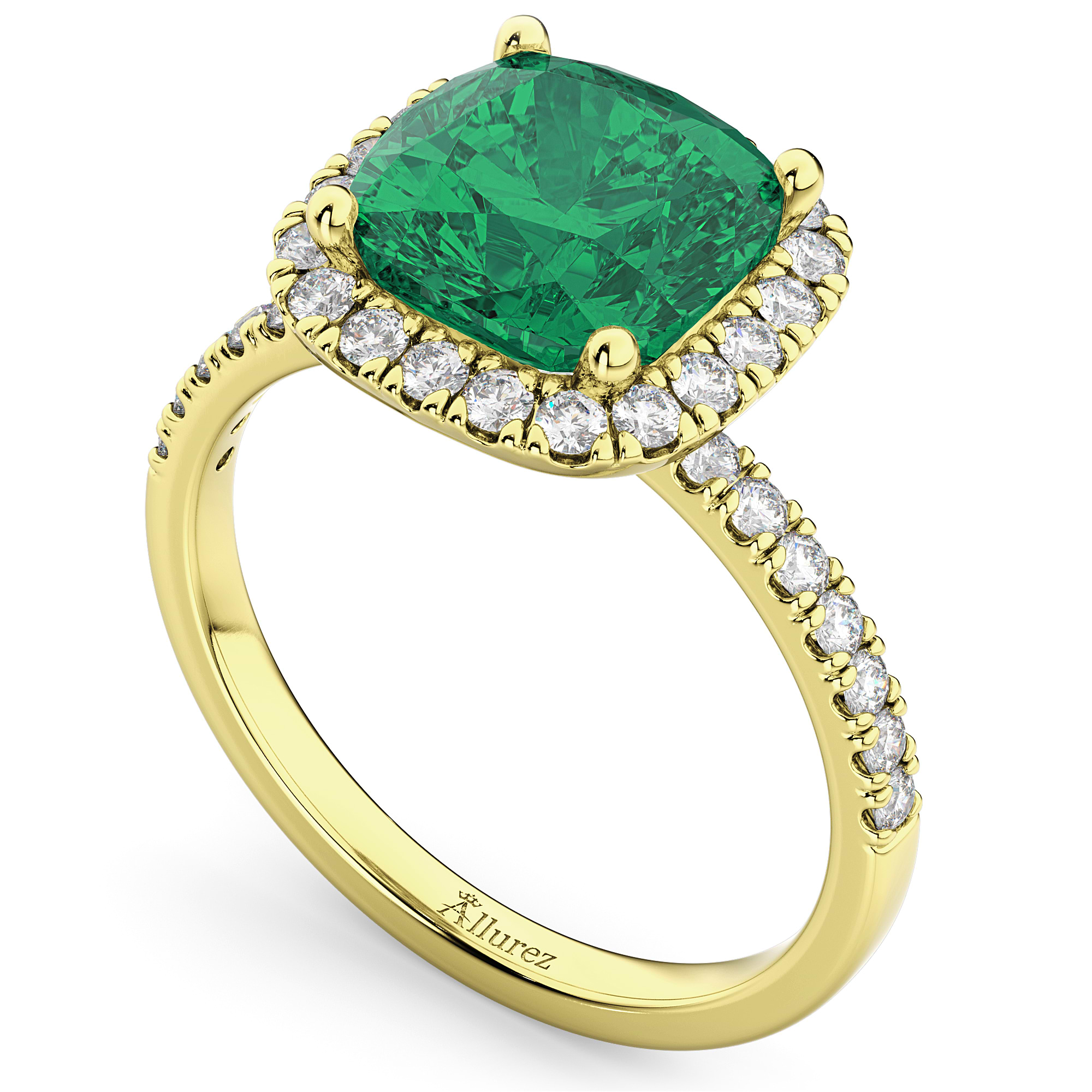 Cushion Cut Halo Emerald & Diamond Engagement Ring 14k Yellow Gold (3.11ct)