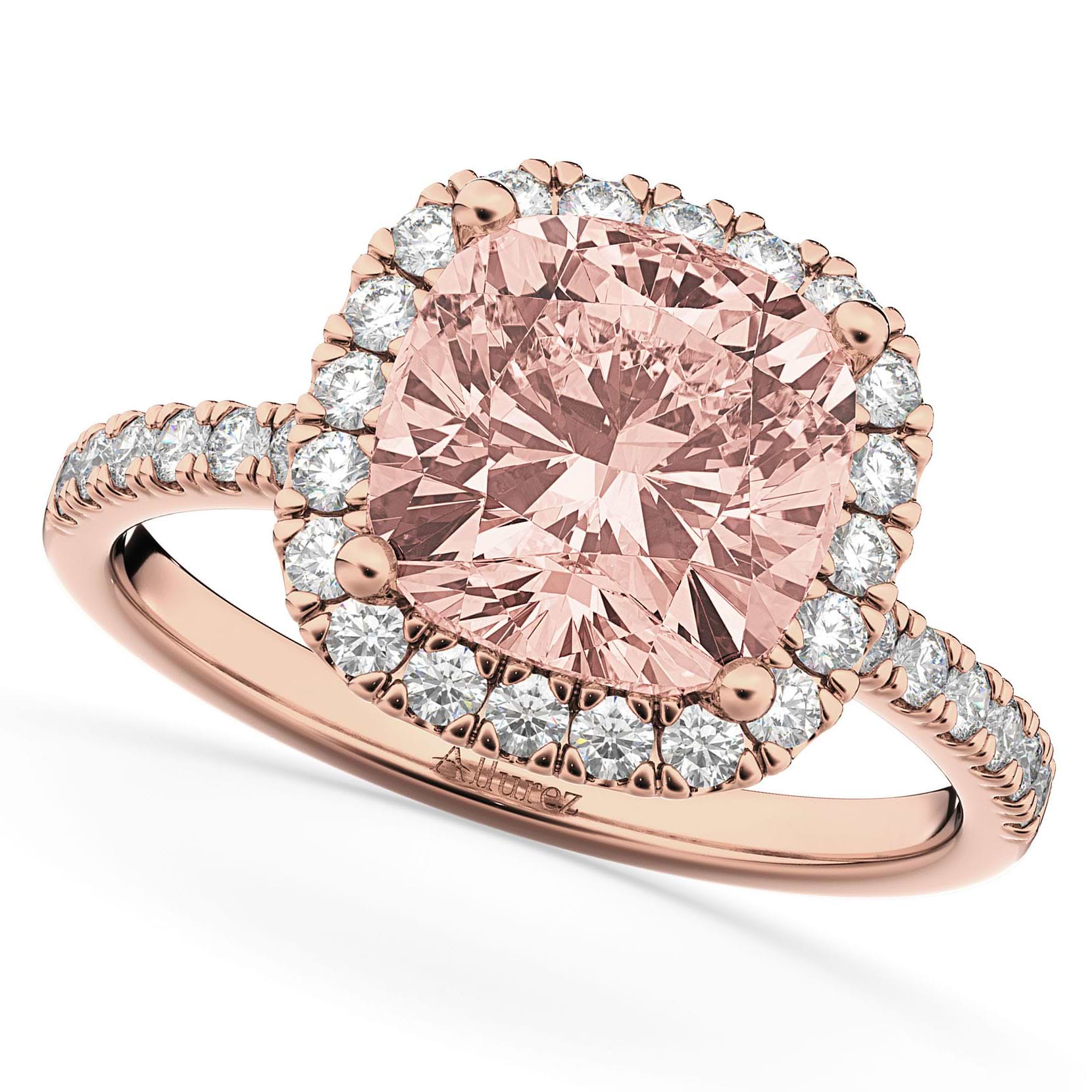 Cushion Cut Halo Morganite & Diamond Engagement Ring 14k Rose Gold (3.11ct)