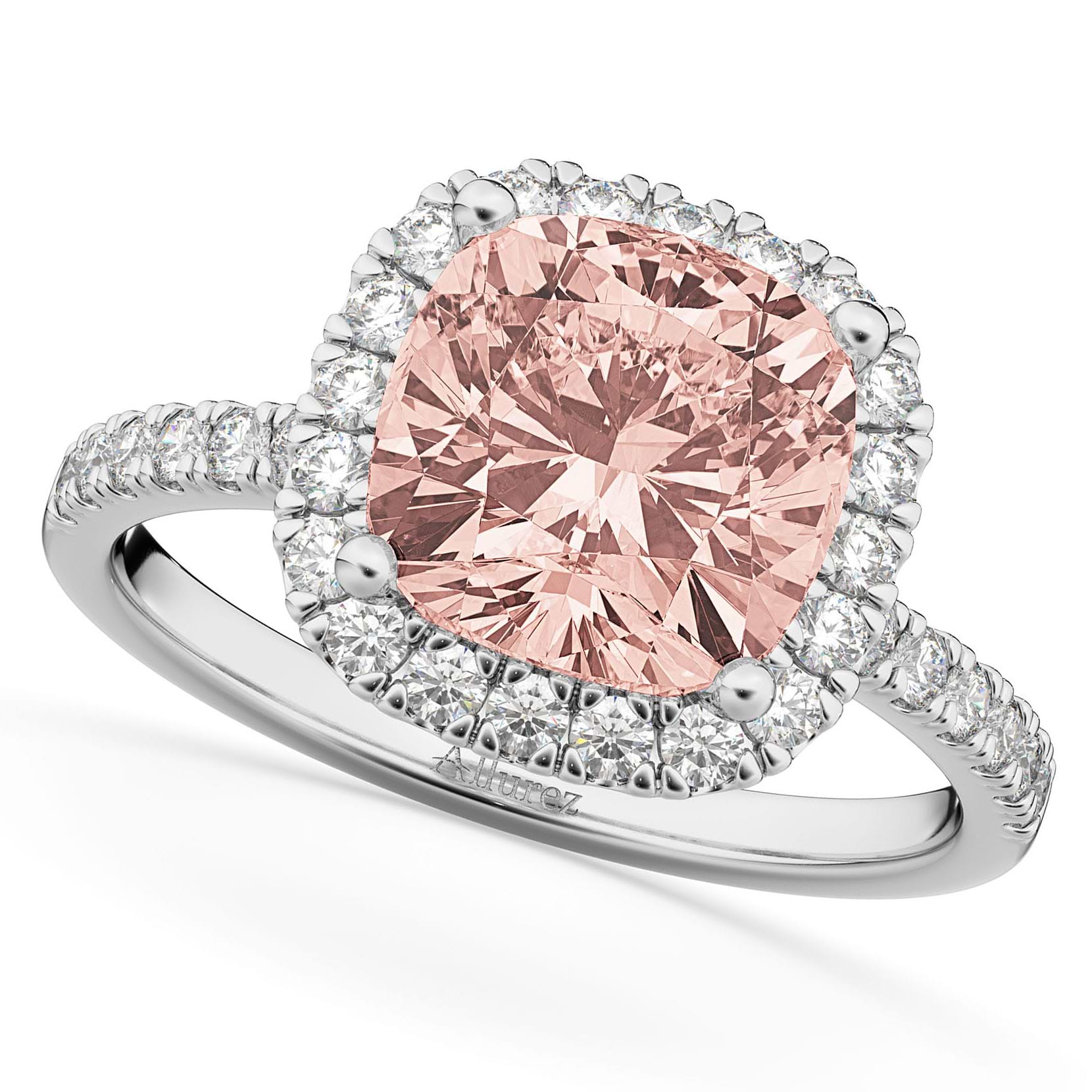 Cushion Cut Halo Morganite & Diamond Engagement Ring 14k White Gold (3.11ct)