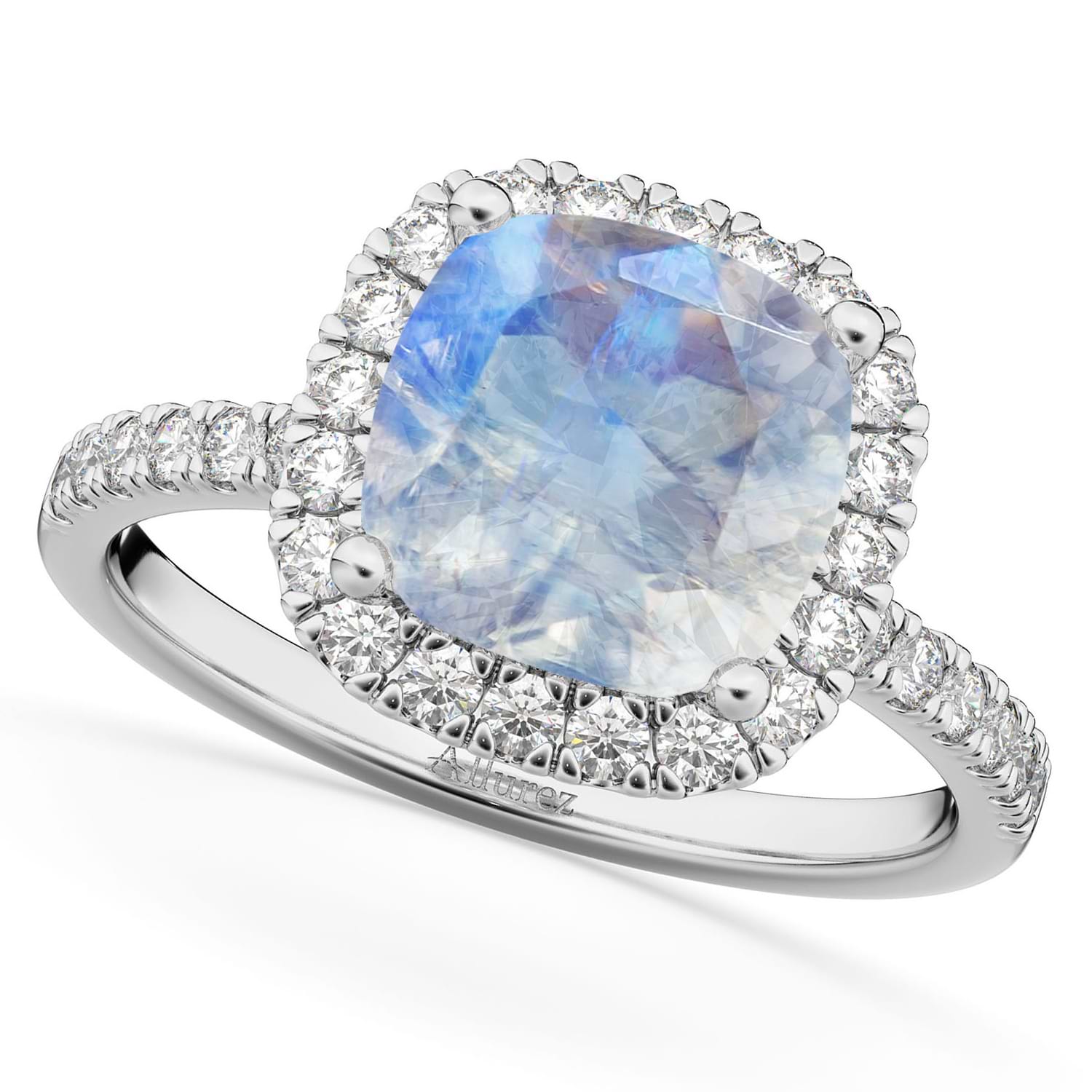 Cushion Cut Halo Moonstone & Diamond Engagement Ring 14k White Gold (3.11ct)