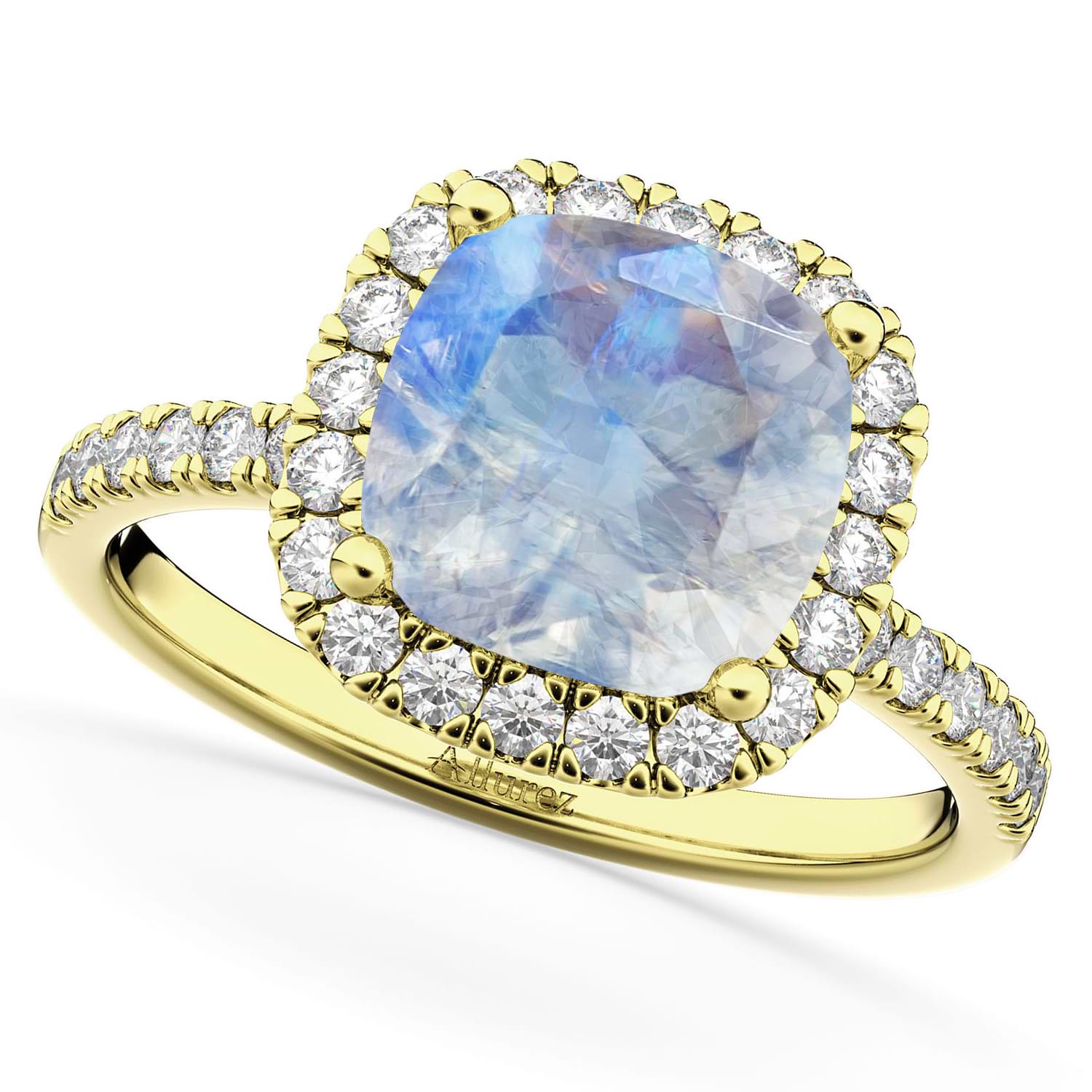 Cushion Cut Halo Moonstone & Diamond Engagement Ring 14k Yellow Gold (3.11ct)