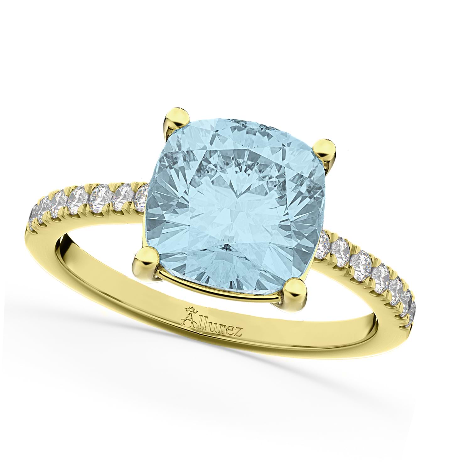 Cushion Cut Aquamarine & Diamond Engagement Ring 14k Yellow Gold (2.81ct)
