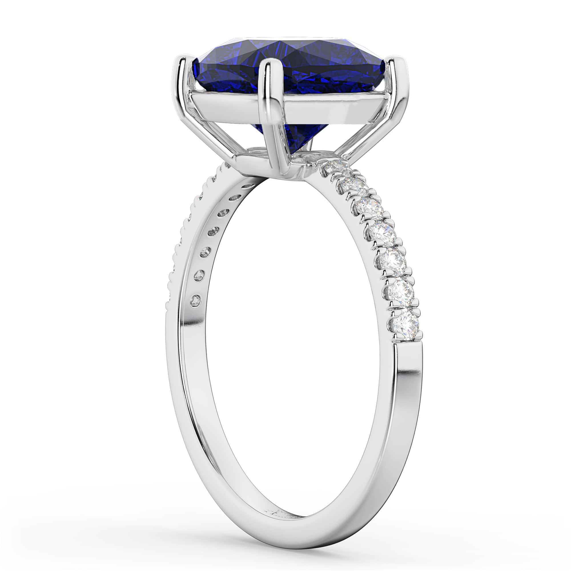Cushion Cut Blue Sapphire & Diamond Engagement Ring 14k White Gold (2.81ct)