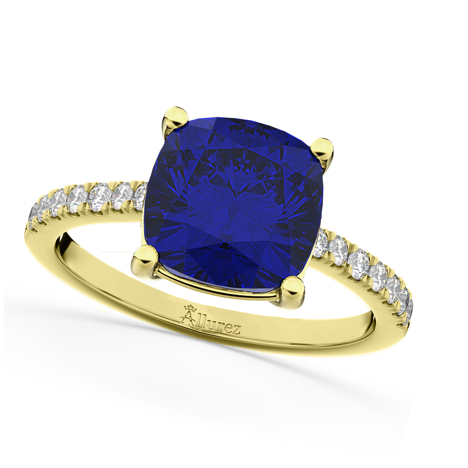Cushion Cut Blue Sapphire & Diamond Engagement Ring 14k Yellow Gold (2.81ct)