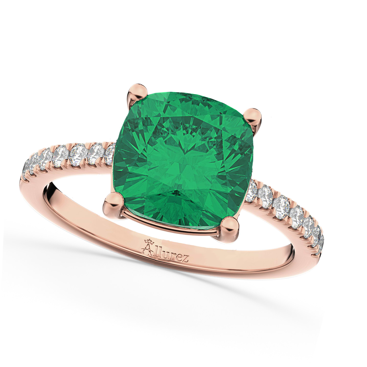 Cushion Cut Emerald & Diamond Engagement Ring 14k Rose Gold (2.81ct)