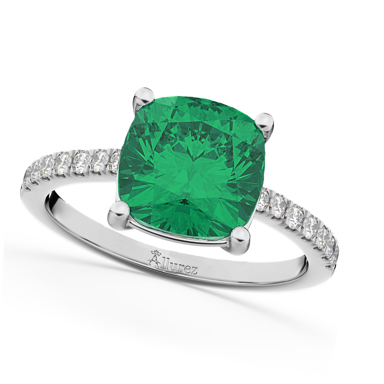 Cushion Cut Emerald & Diamond Engagement Ring 14k White Gold (2.81ct)