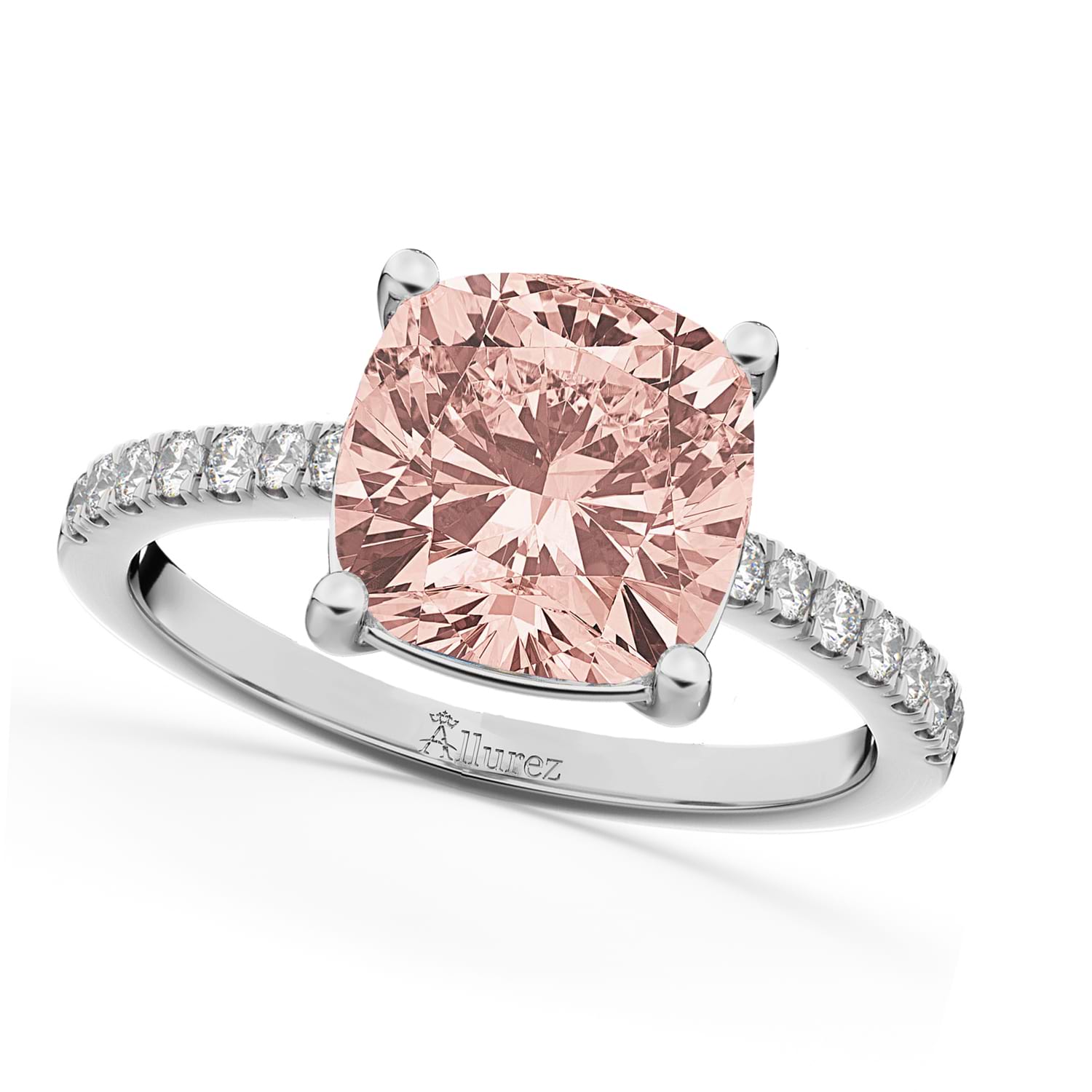 Cushion Cut Morganite & Diamond Engagement Ring 14k White Gold (2.81ct)