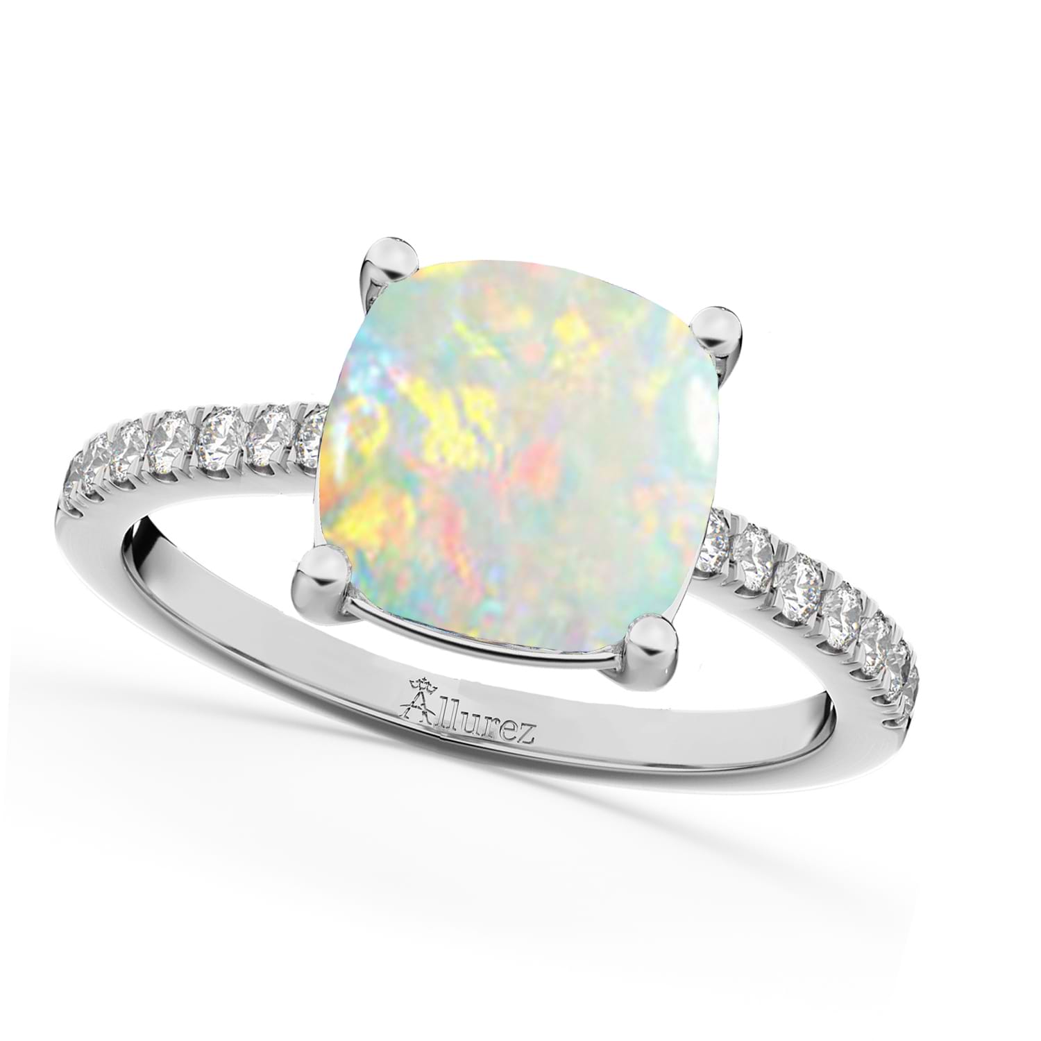 Cushion Cut Opal & Diamond Engagement Ring 14k White Gold (2.81ct)
