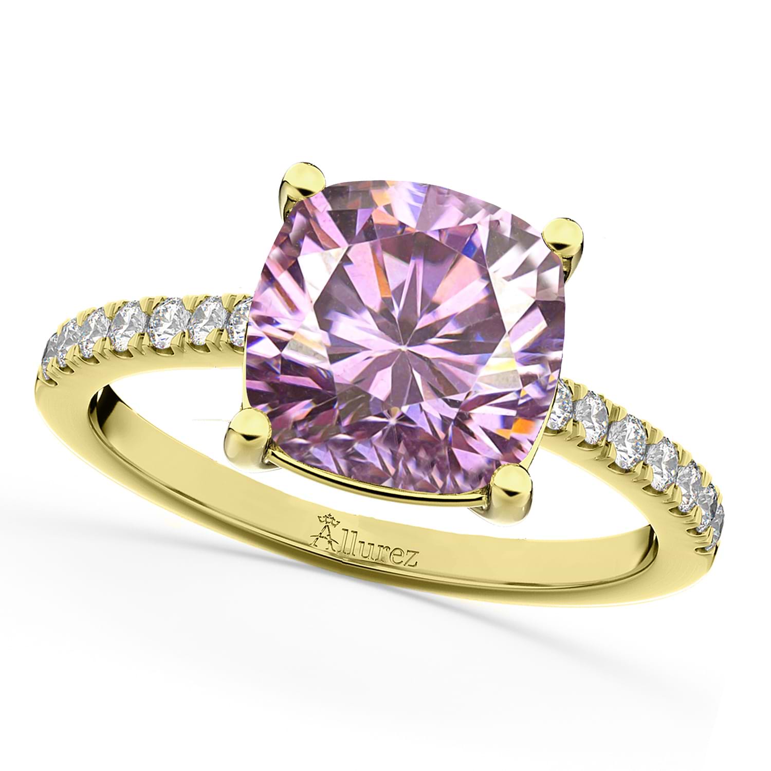 Cushion Cut Pink Moissanite & Diamond Engagement Ring 14k Yellow Gold (2.36ct)