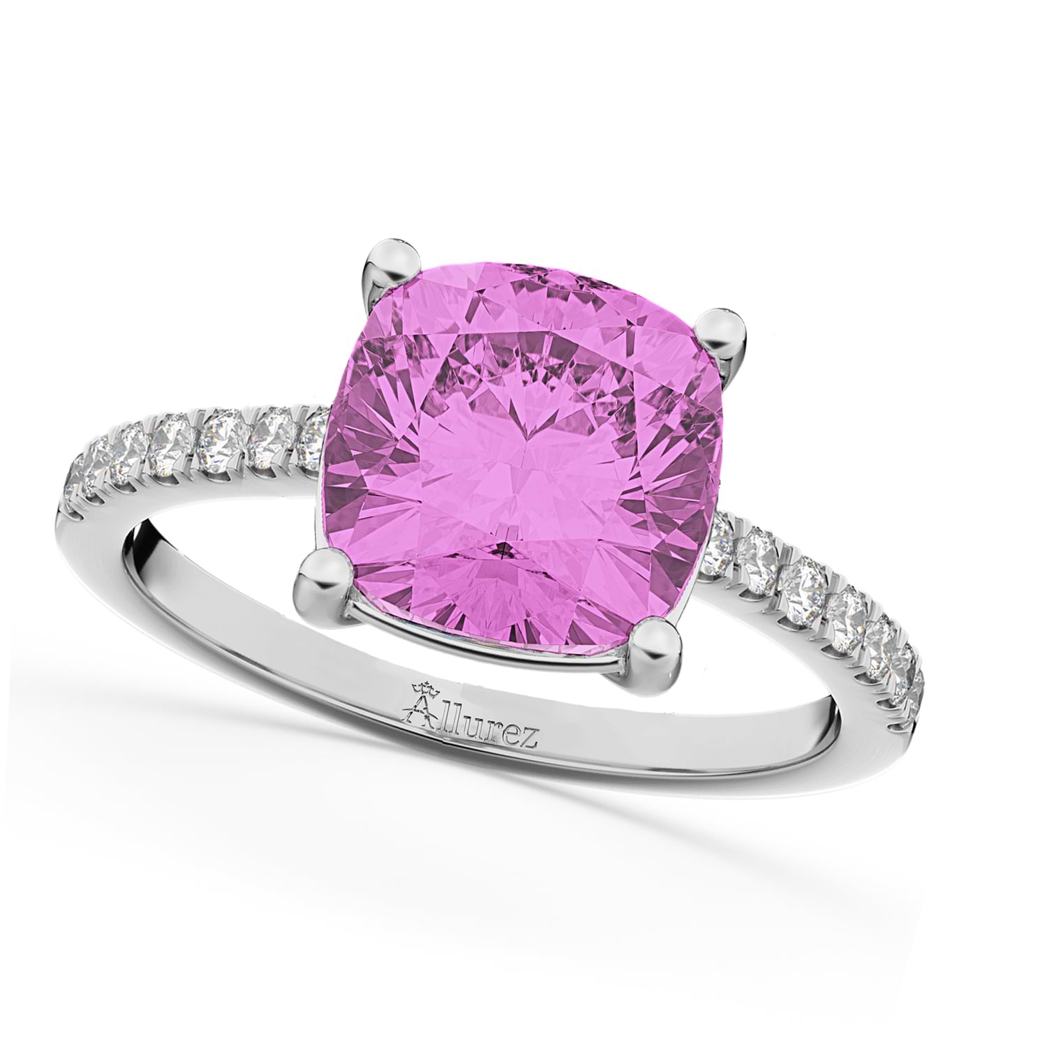 Cushion Cut Pink Sapphire & Diamond Engagement Ring 14k White Gold (2.81ct)